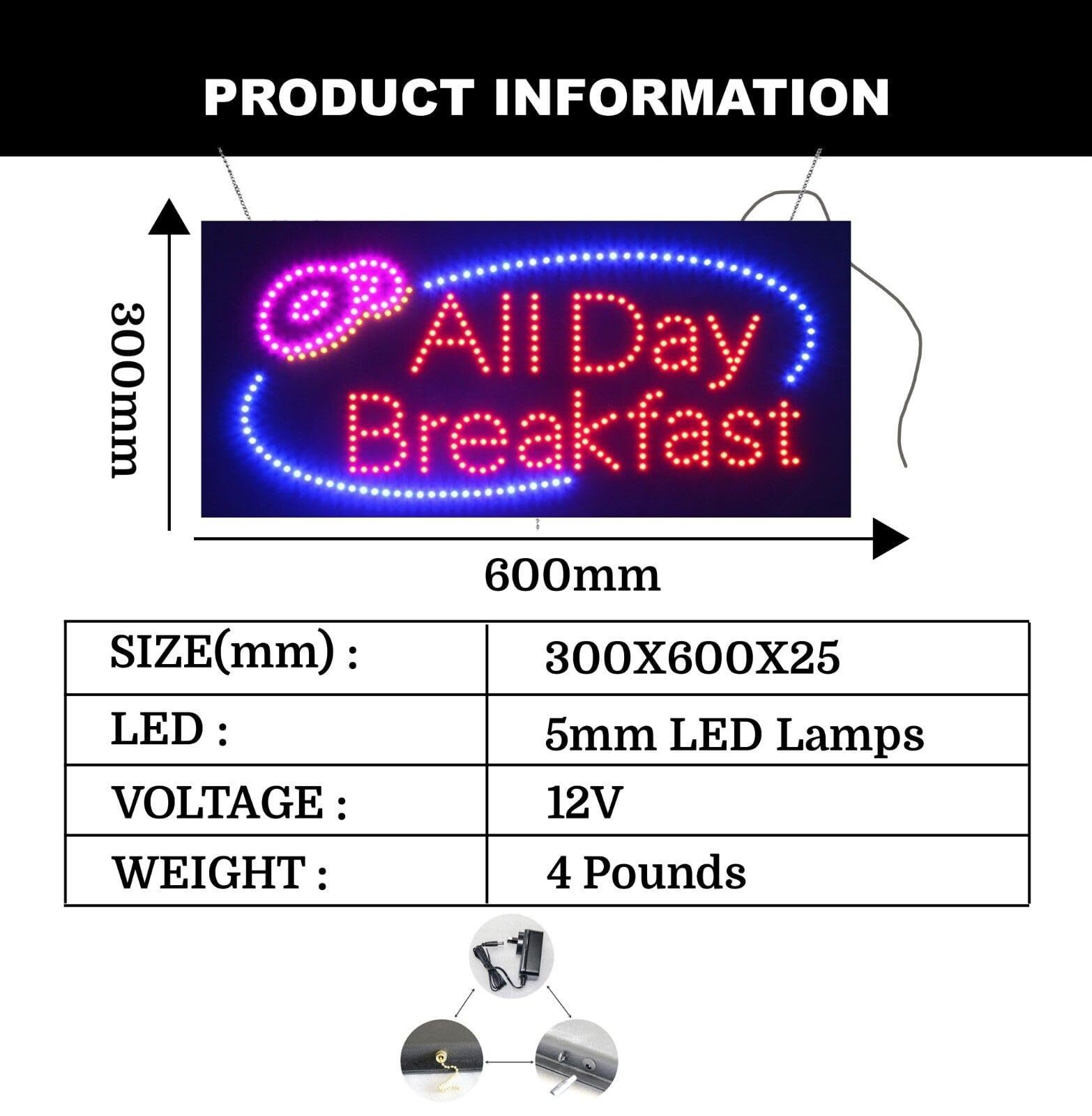 LED All Day Breakfast Sign for Business | Light Up Sign | 12″H x 24″W x 2″D