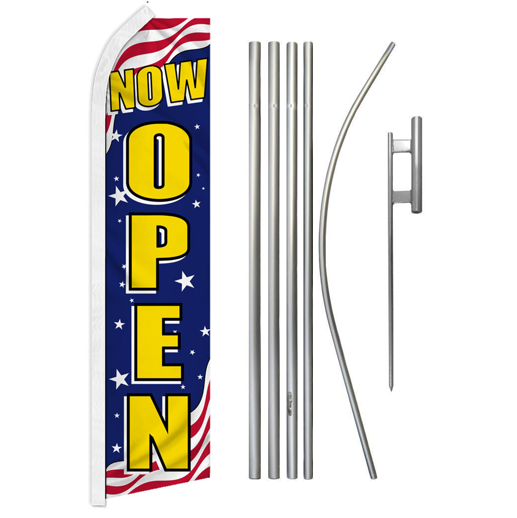 Now Open Advertising Swooper Feather Flutter Flag Pole Kit Open PATRIOTIC