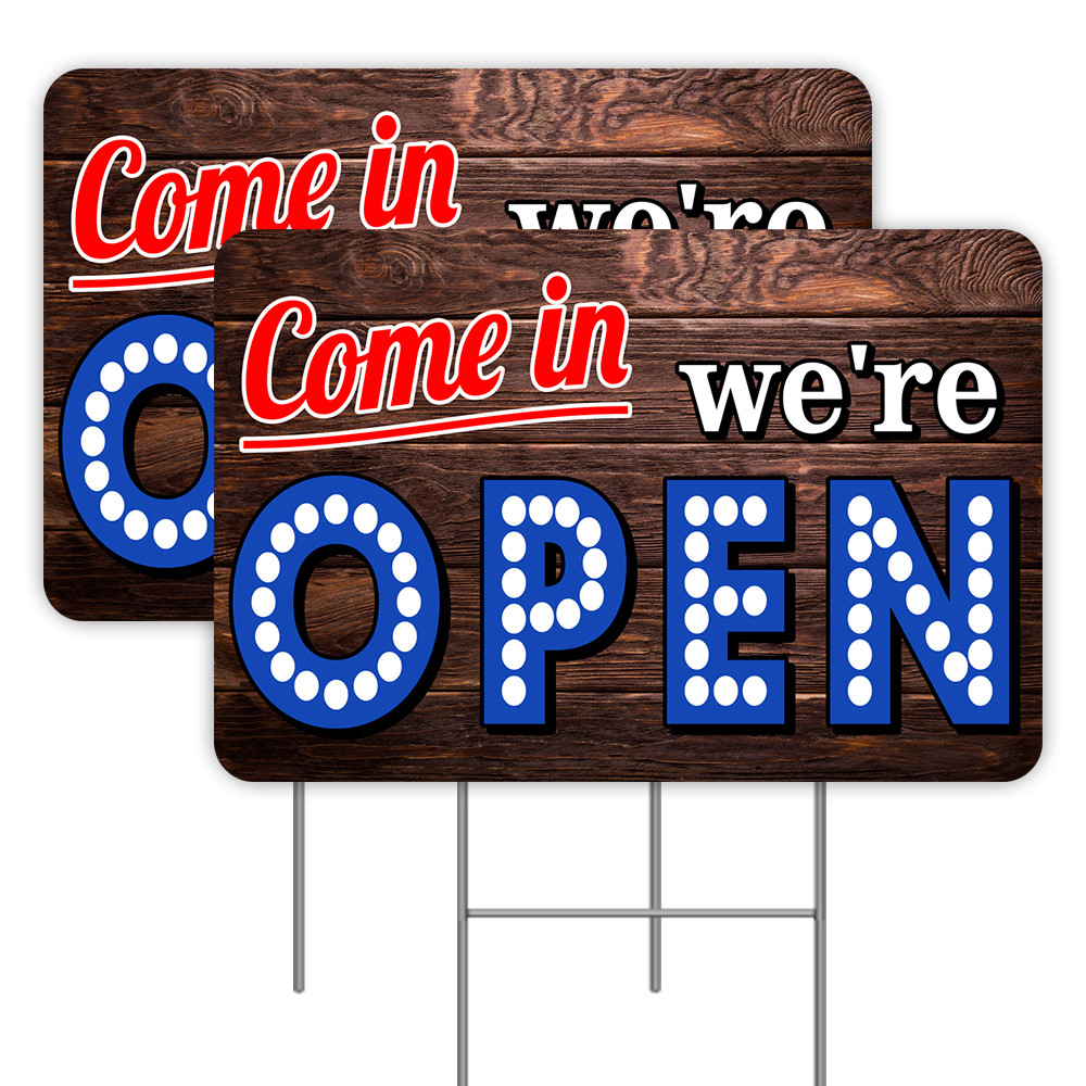 Come In We’re Open 2 Pack Double-Sided Yard Signs 16″ x 24″ with Metal Stakes (M