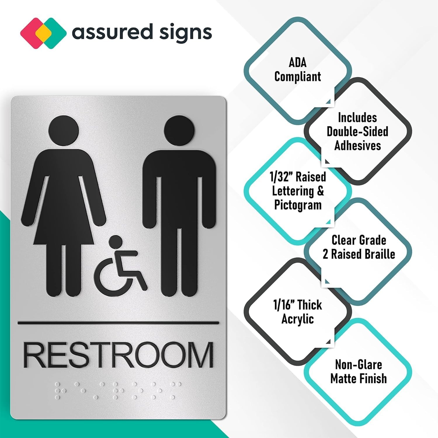 ASSURED SIGNS Restroom Sign for Business – 9 x 6 Inch – 1 9″L x 6″W, Silver