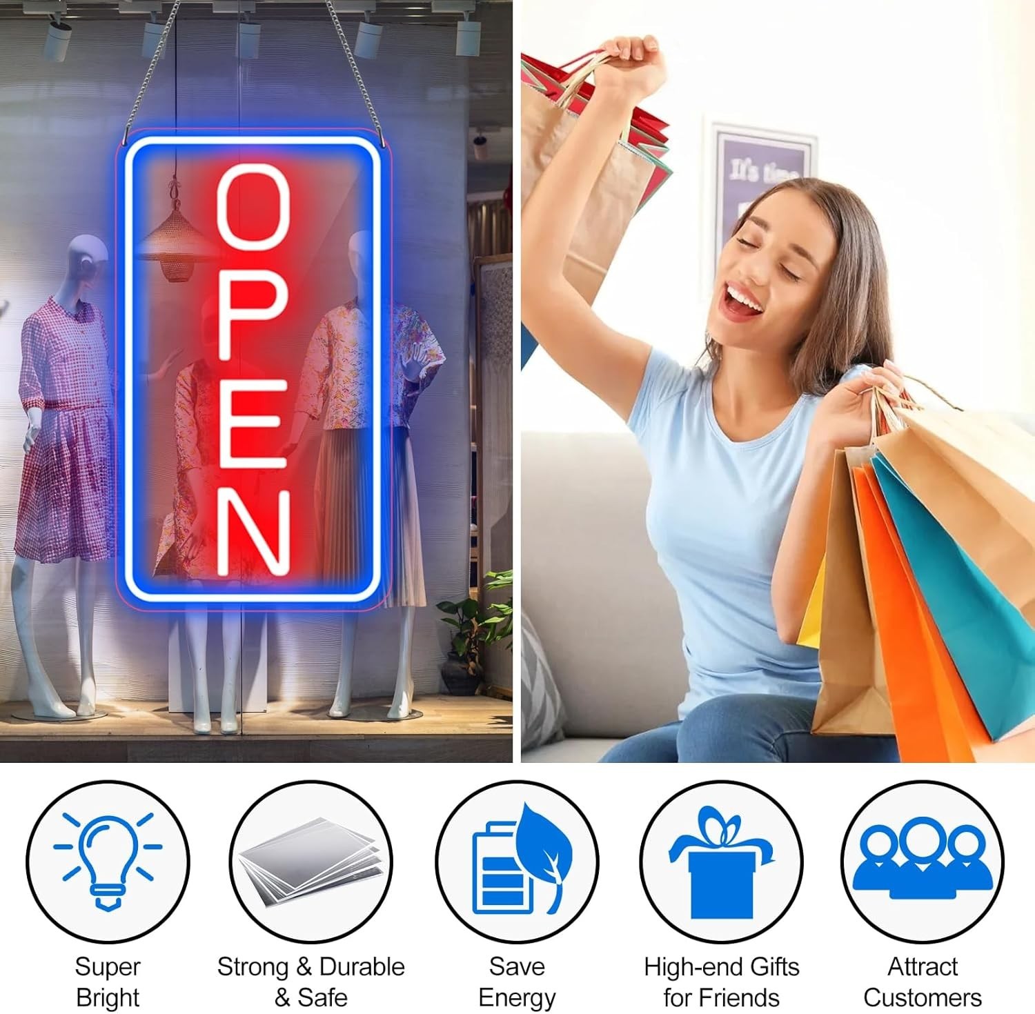 22.8×11.8 Inch LED Open Sign for Business Neon Light Indoor Blue and Red