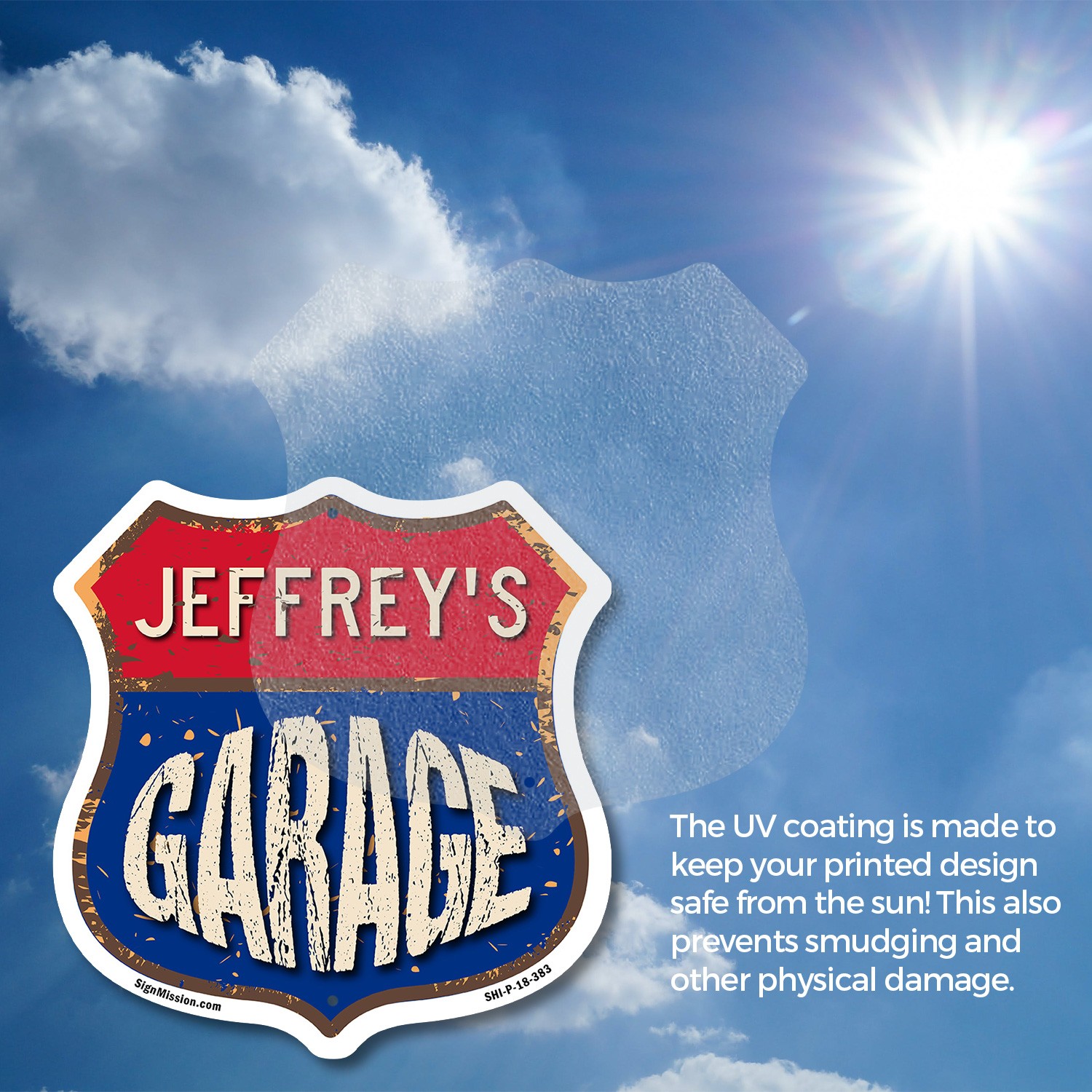 Jeffrey’s Garage Shield Shaped Sign Weather Resistant Crafted in the USA