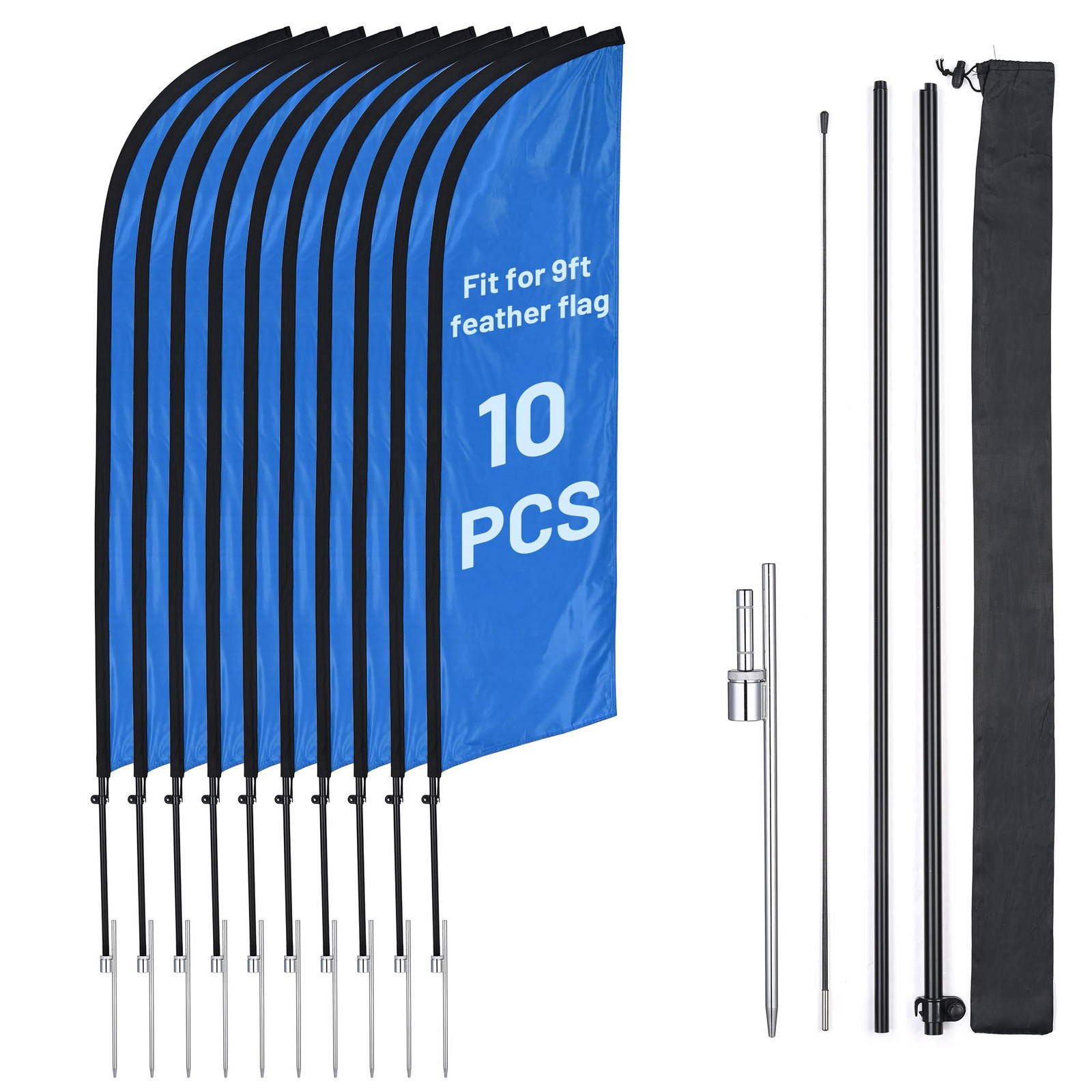 InstaHibit 10 Pack 9ft Feather Flag Pole Kit with 20inch Ground Spike Flag Base