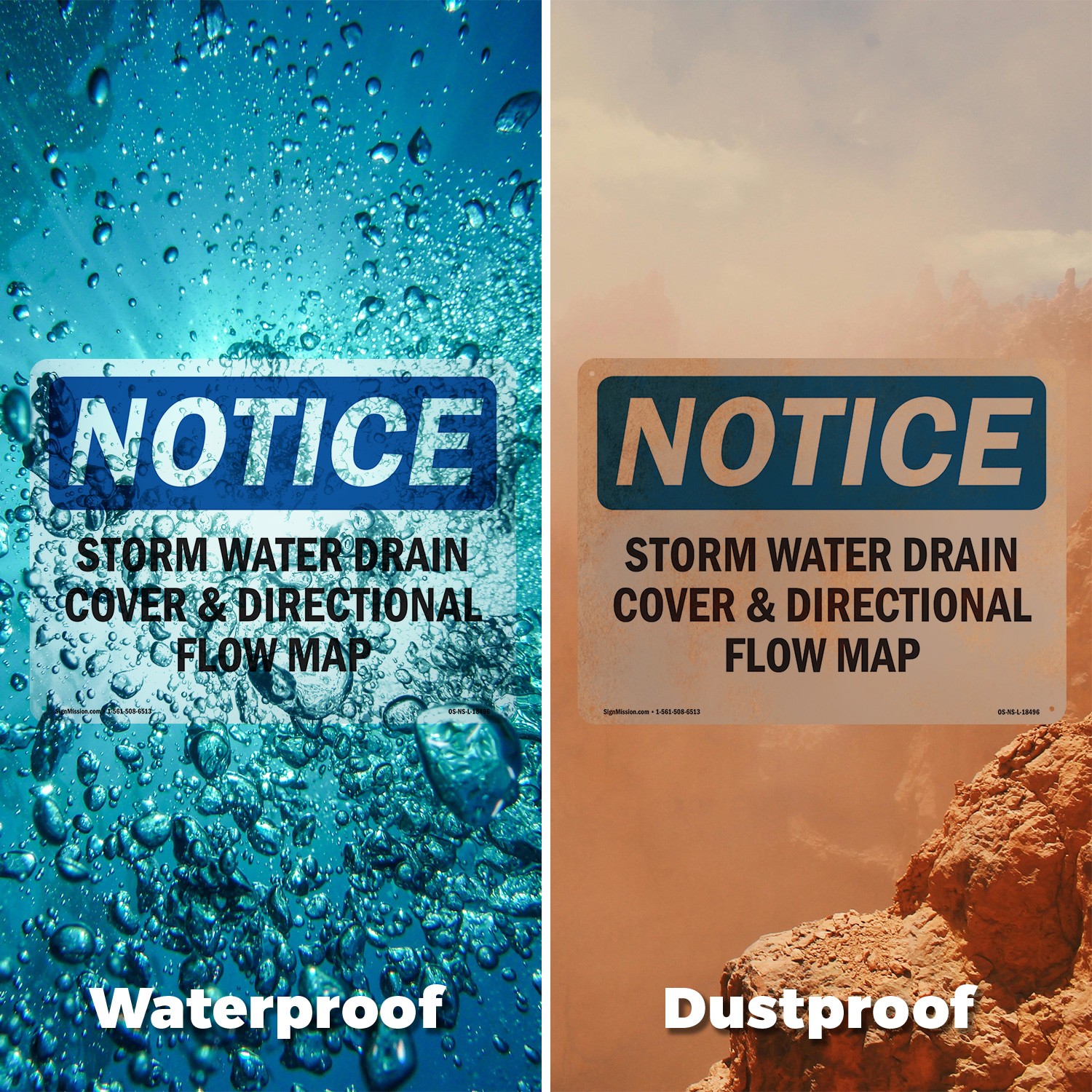 Storm Water Drain Cover & Directional Flow Map OSHA Notice Sign – 5 or 10 Pack