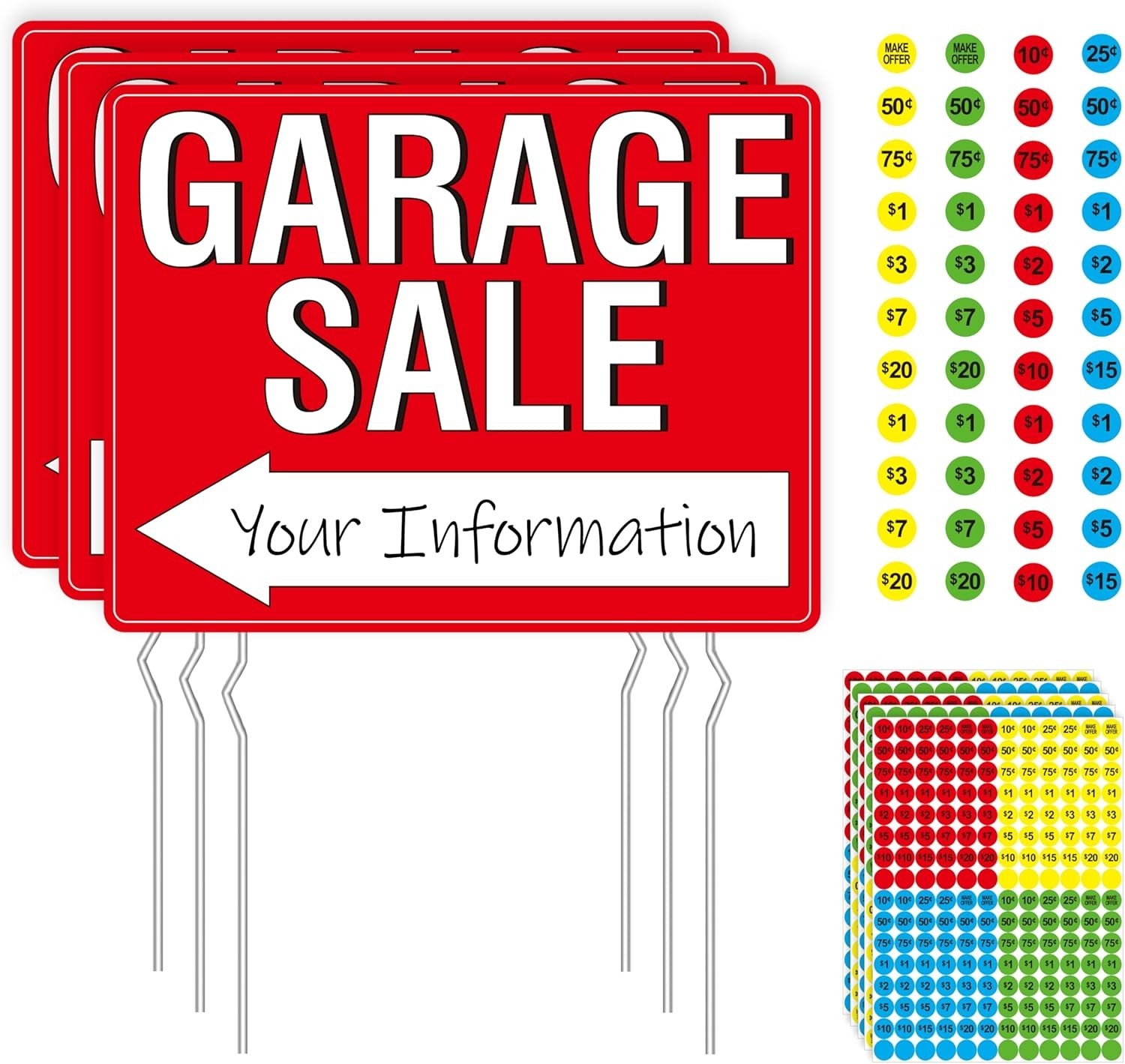 3 Pack Garage Sale Signs Double Sided w/ Stakes & Labels, Neon Plastic