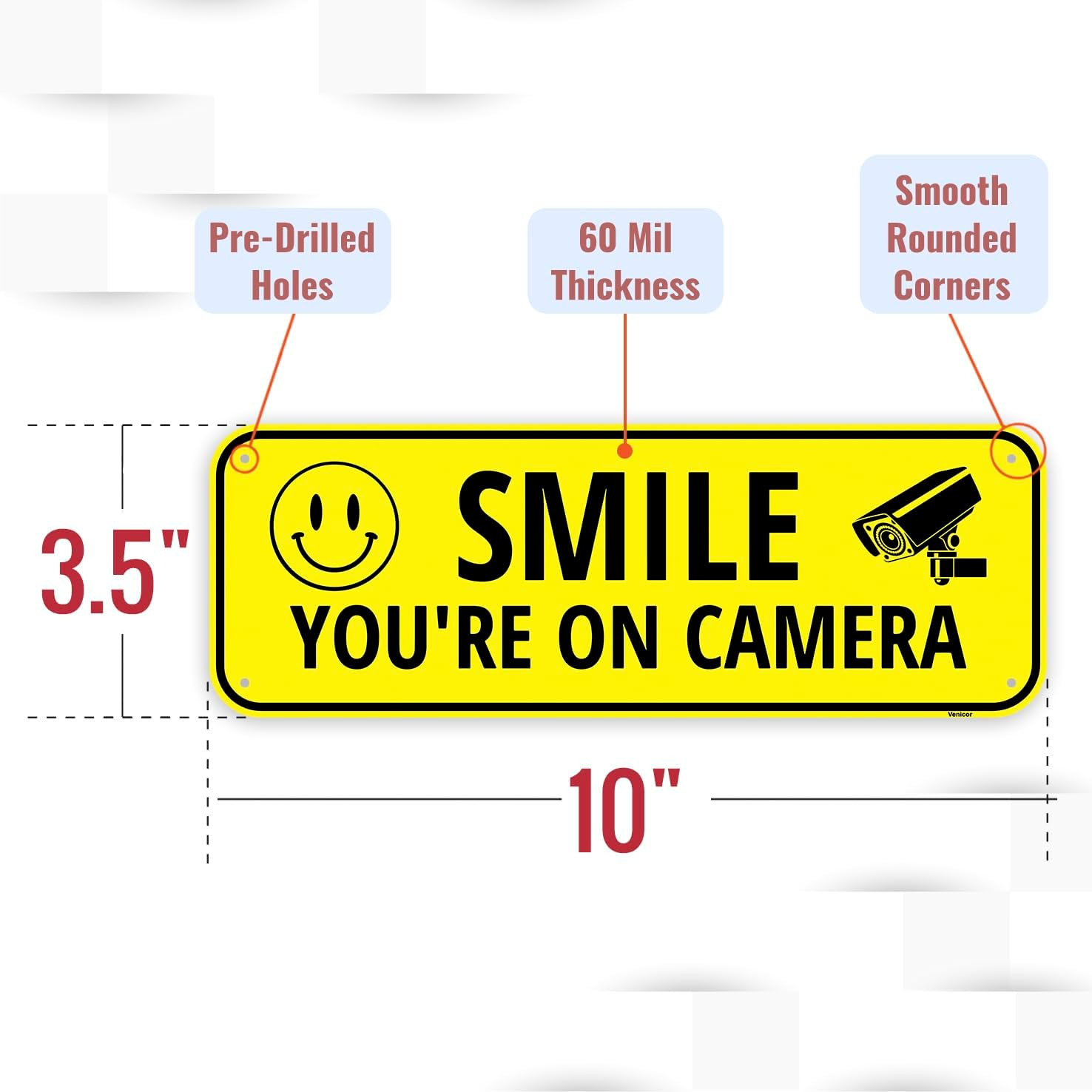 2PC Smile Your on Camera Sign, 10 X 3.5 Inches – Aluminum – Security Youre