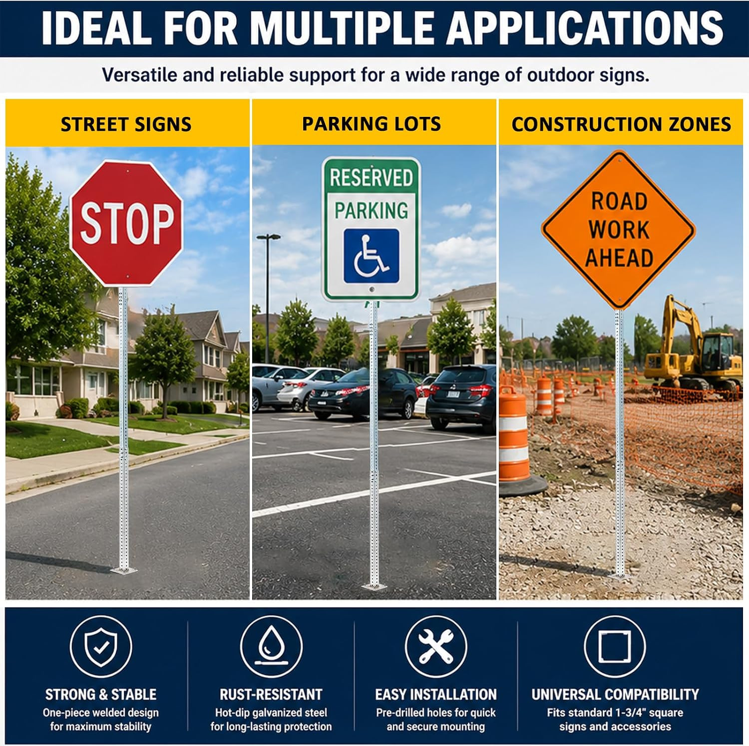 8 Ft H Square Sign Post with 3 Ft H Square Sign Post Base | 7/16 in Dia Mounting