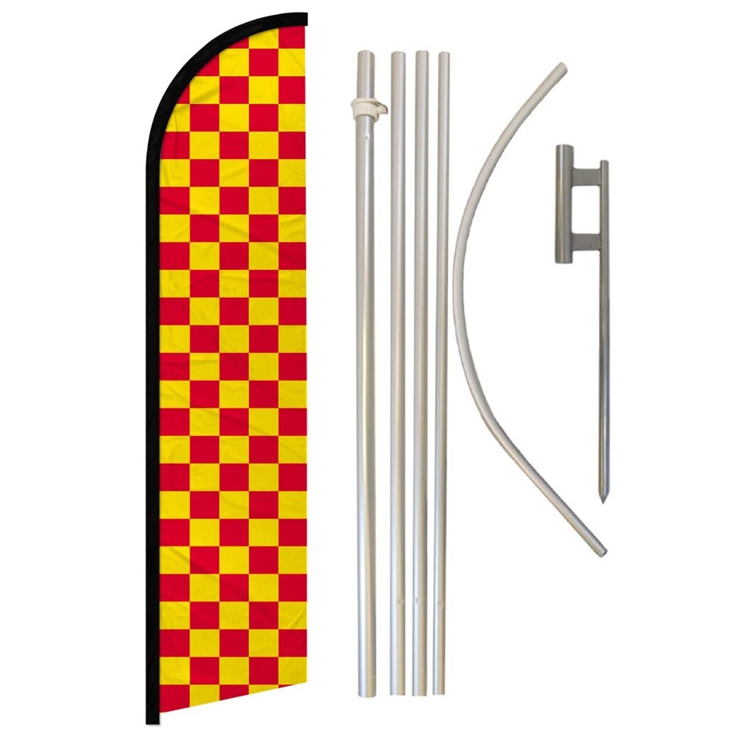 Red & Yellow Checkered Full Curve Windless Swooper Flag Pole Kit Racing