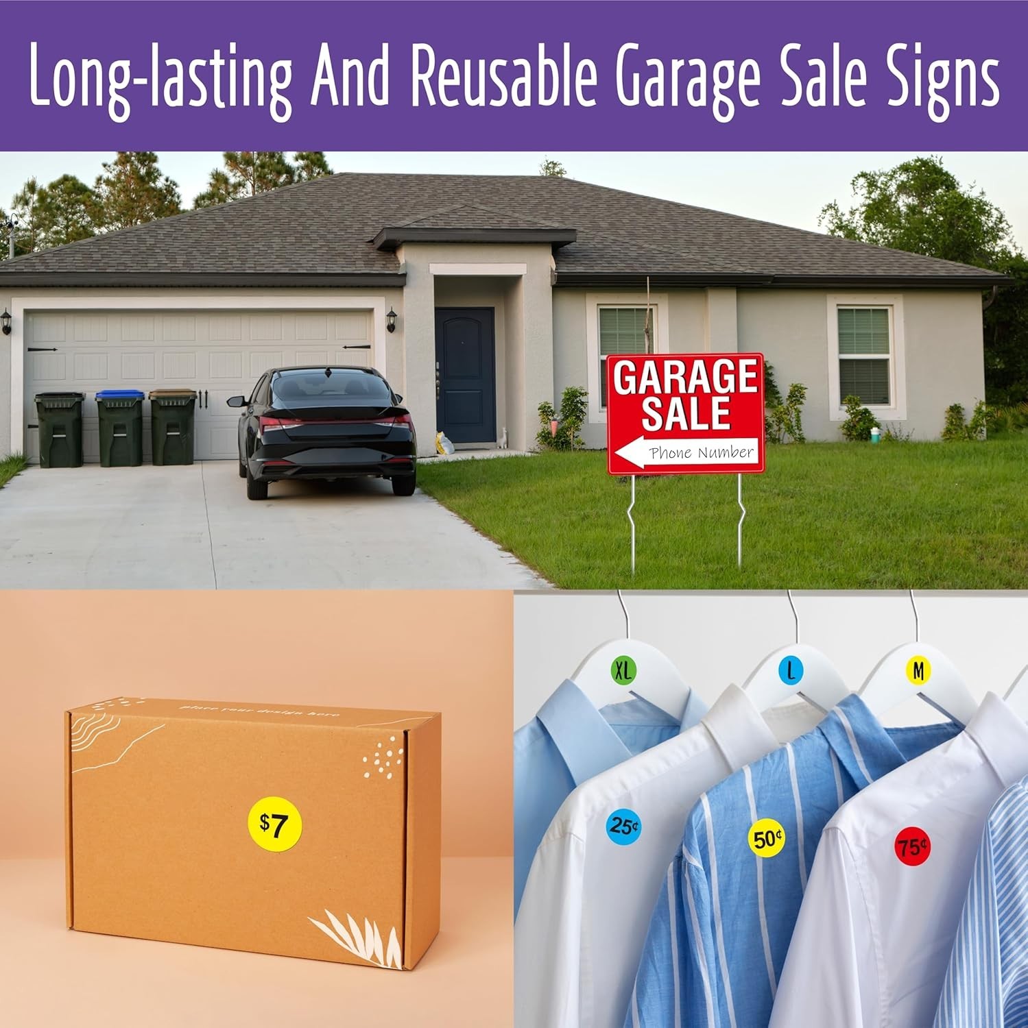 Garage Sale Sign, 3PCS Double Sided Yard Sale Signs with 6 Metal Stakes & 960…