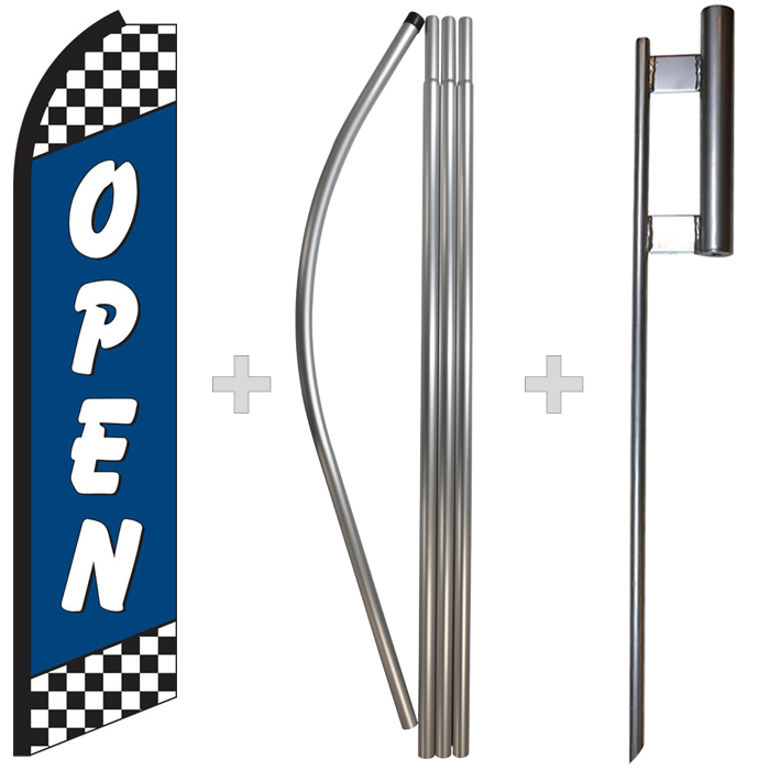 Open Blue Checkered 15′ Tall Swooper Flag & Pole Kit Feather Super Bow Banner