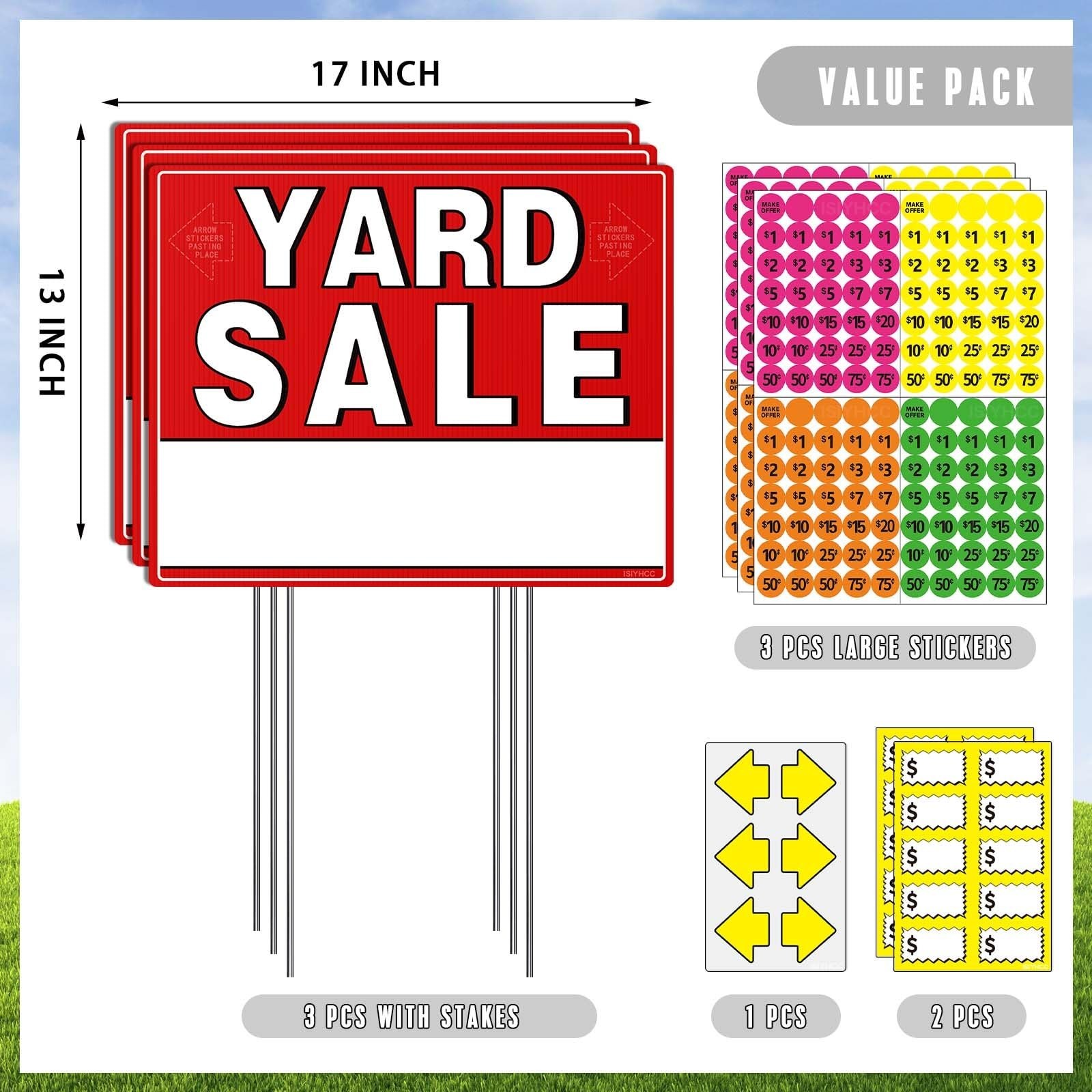 Yard Sale Sign Kit with Stakes & Price Stickers – 8 Pack, Double-Sided, Arrows