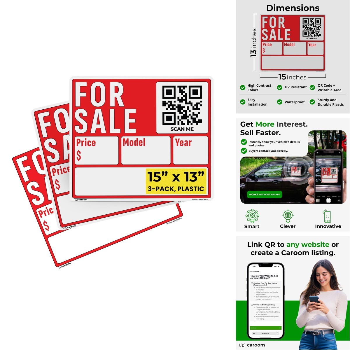 Caroom Sign Car (3-Pack) – 15 x 13 Inch QR Code Signs Vehicles, Trucks, RVs
