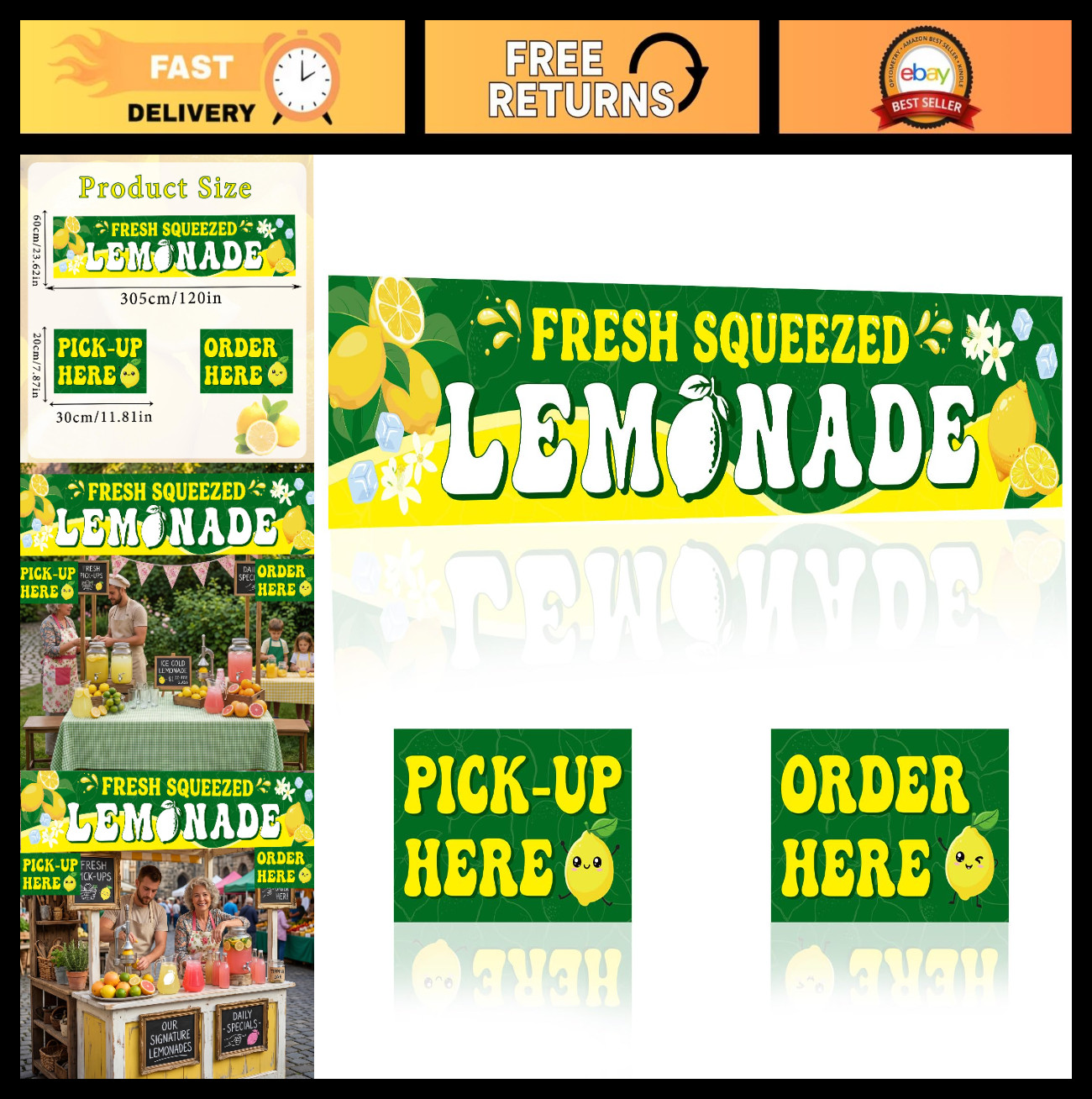 Lemonade Stand Supplies – 3 Pcs Fresh Squeezed Lemonade Banner & Signs 3×10 ft