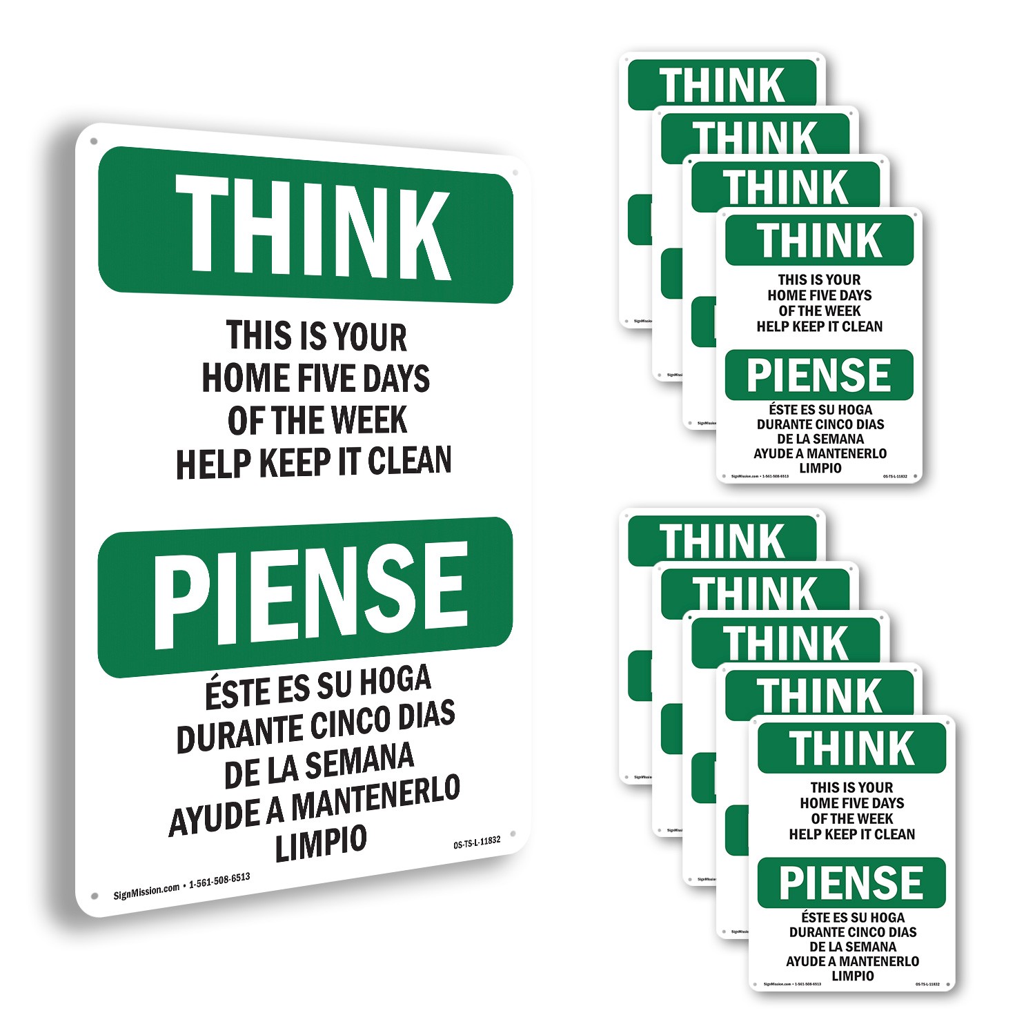 Home Five Days Help Keep It Clean Bilingual OSHA Think Sign, Decal 5 or 10 Pack