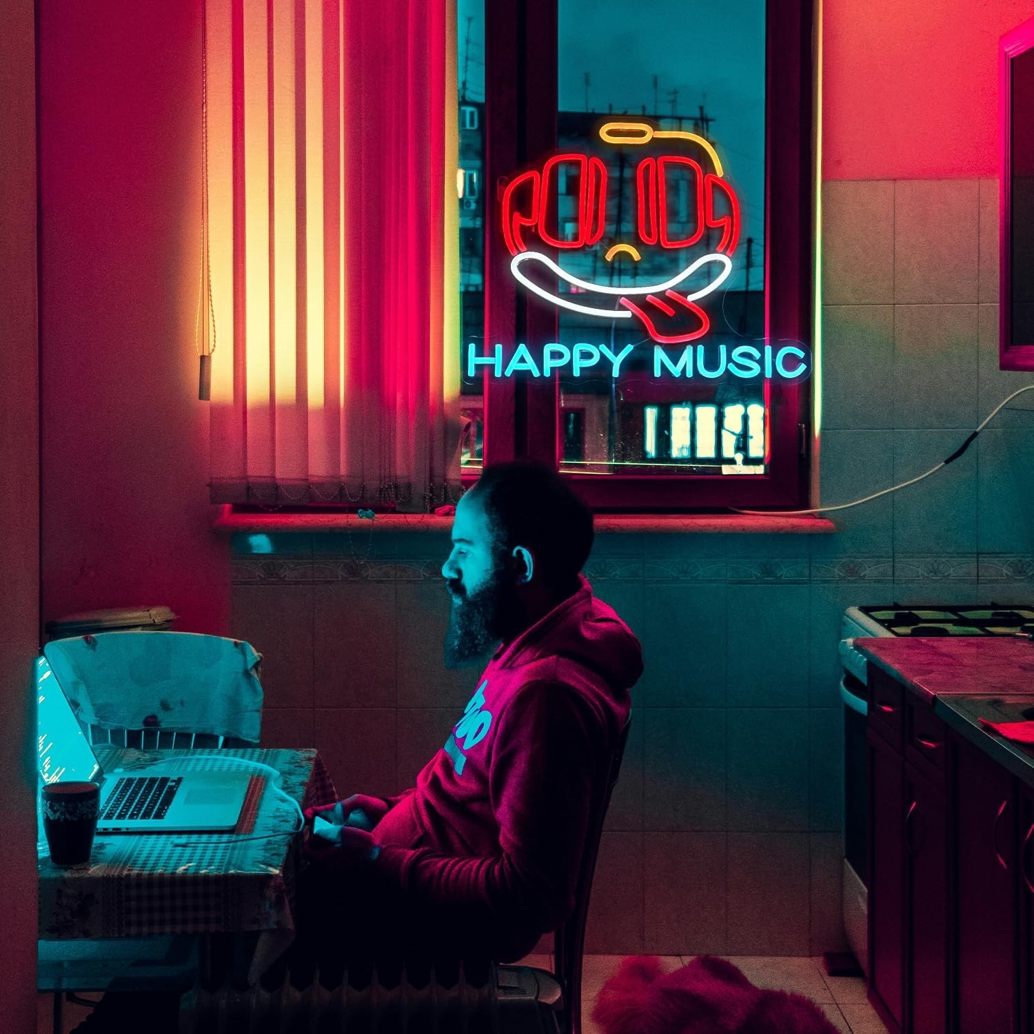 Happy Music Neon Sign Dimmable Led Microphone Neon Light for Wall Decor USB C…