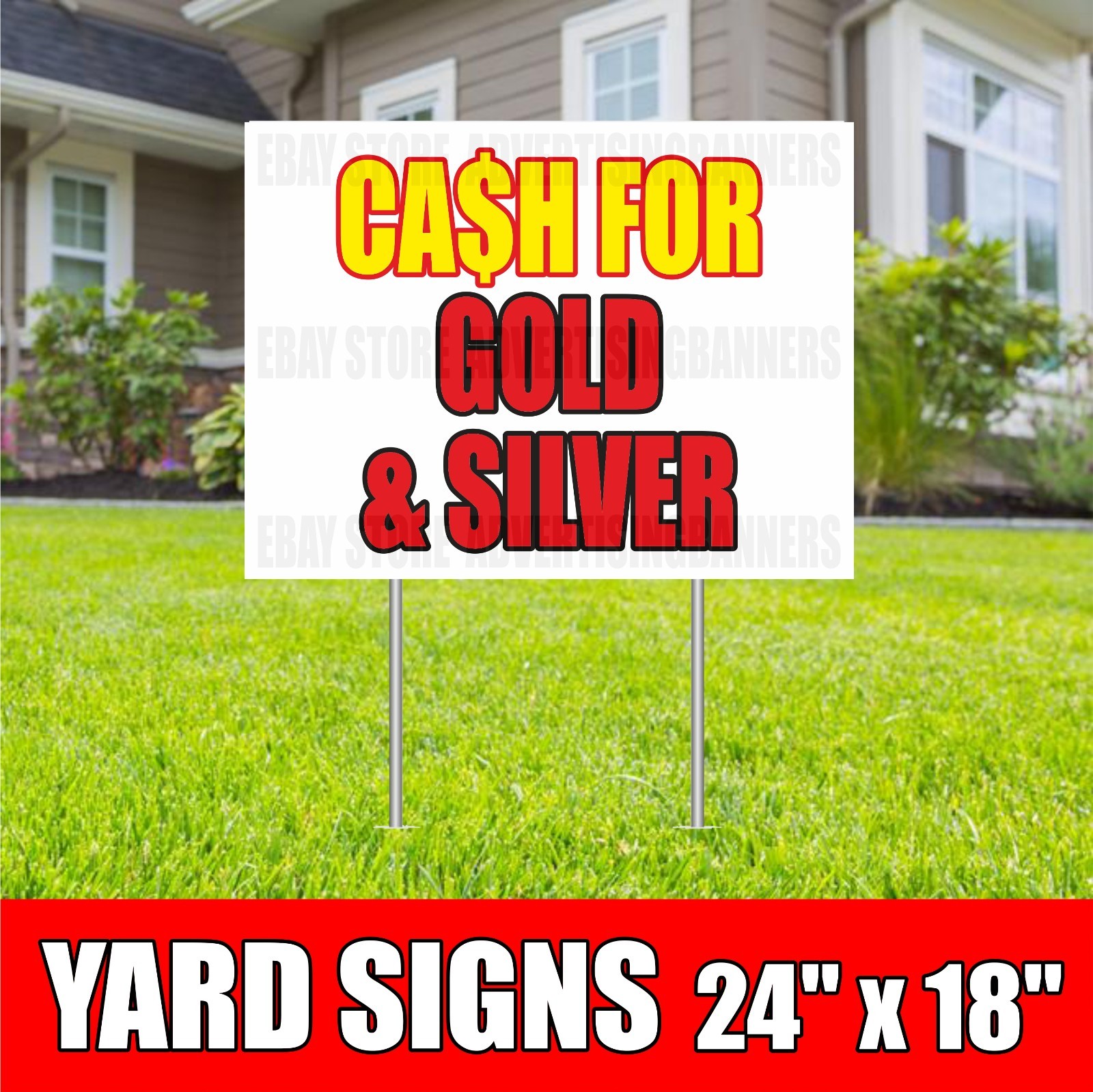 CASH FOR GOLD & SILVER Yard Sign with H-Stakes We Buy Gold Pawn Shop Jewelry