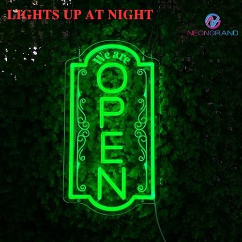 Vertical Open LED Neon Sign for Business – Bright Green Window Light, 16.5×9