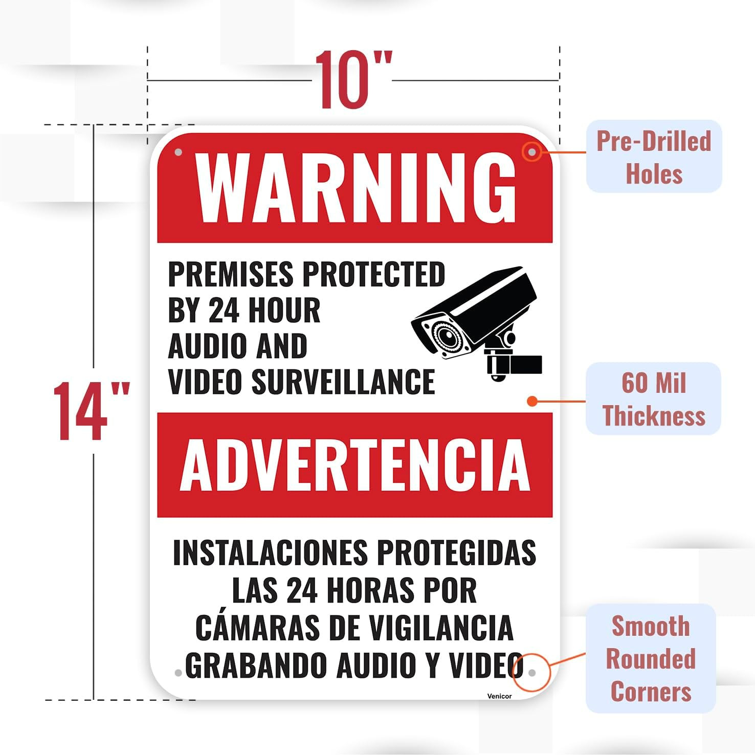 1PC Video and Audio Surveillance Recording Bilingual Sign, 14 X 10 Inches – Alum