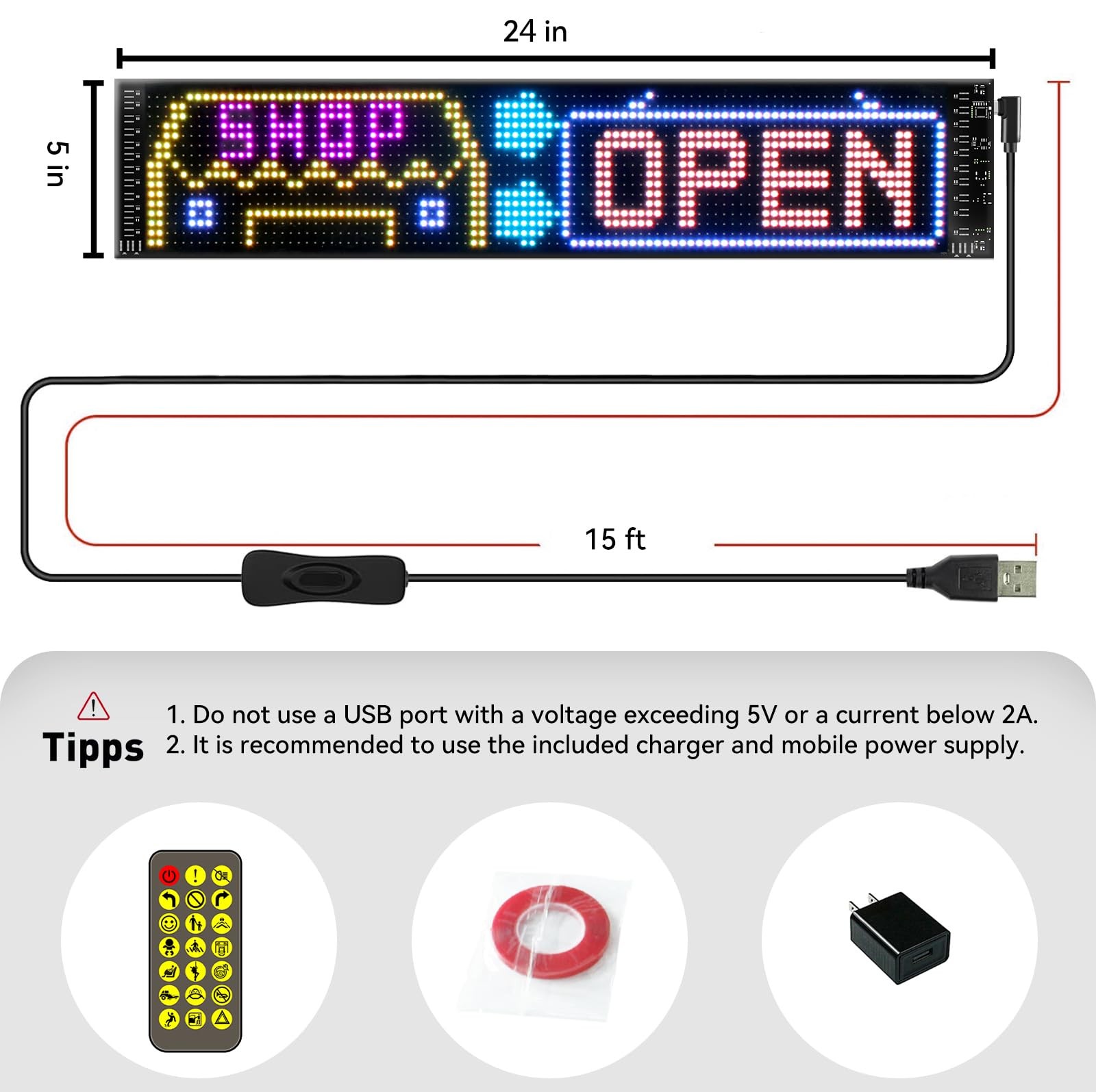 24”x5” Programmable LED Sign with Bluetooth Control, Flexible Scrolling LED…