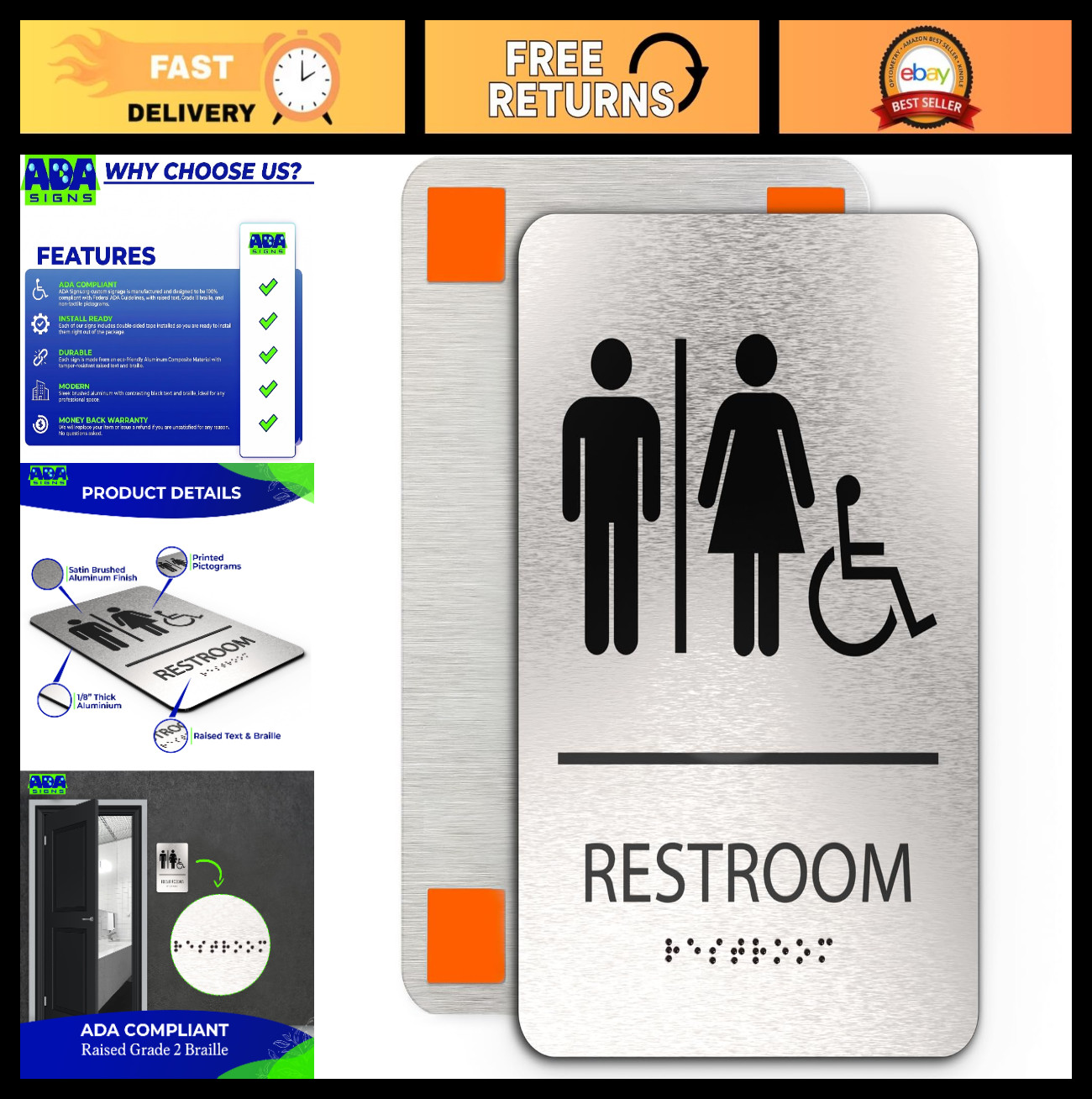 Unisex Restroom Sign 6×9″ ADA Compliant Braille, Weatherproof Aluminum, Easy Ins