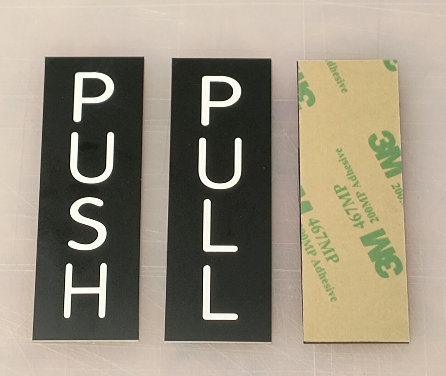pair – Engraved PUSH and PULL 3″ Black Vertical Door Signs w/ Adhesive Backing