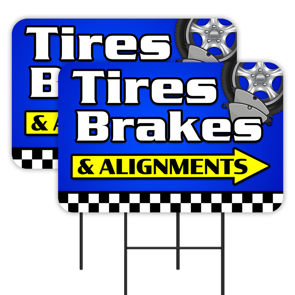 Tires Brakes & Alignments 2 Pack Double-Sided Yard Signs 16″ x 24″ with Metal St