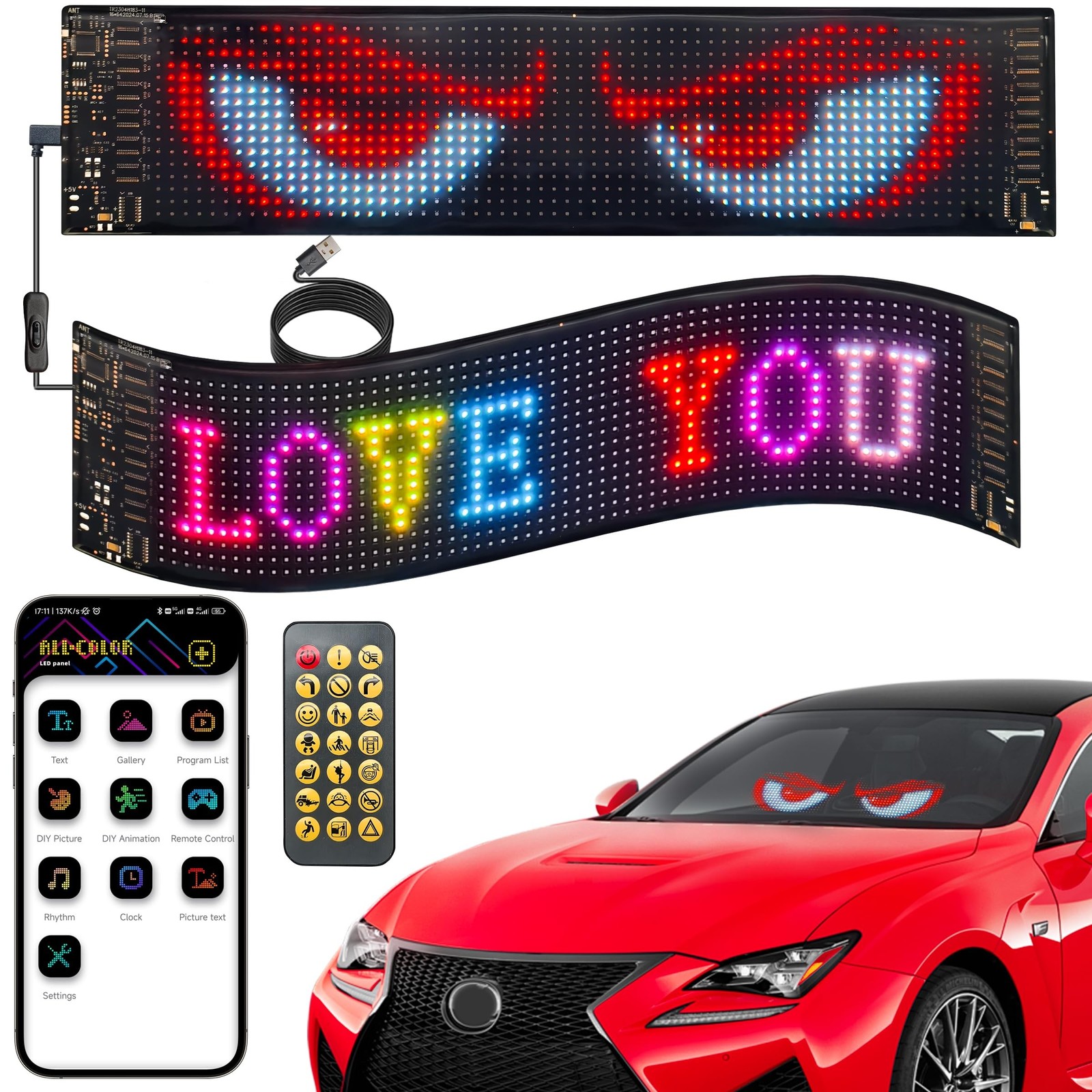 Devil Eyes Light for Cars, 15″x4″ Programmable Flex LED Sign, 1PC Led Eyes fo…