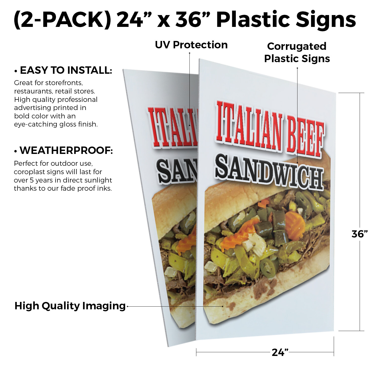 Italian Beef Sandwich 24″ x 36″ 2 Pack Of Store Sign Plastic Or Decal
