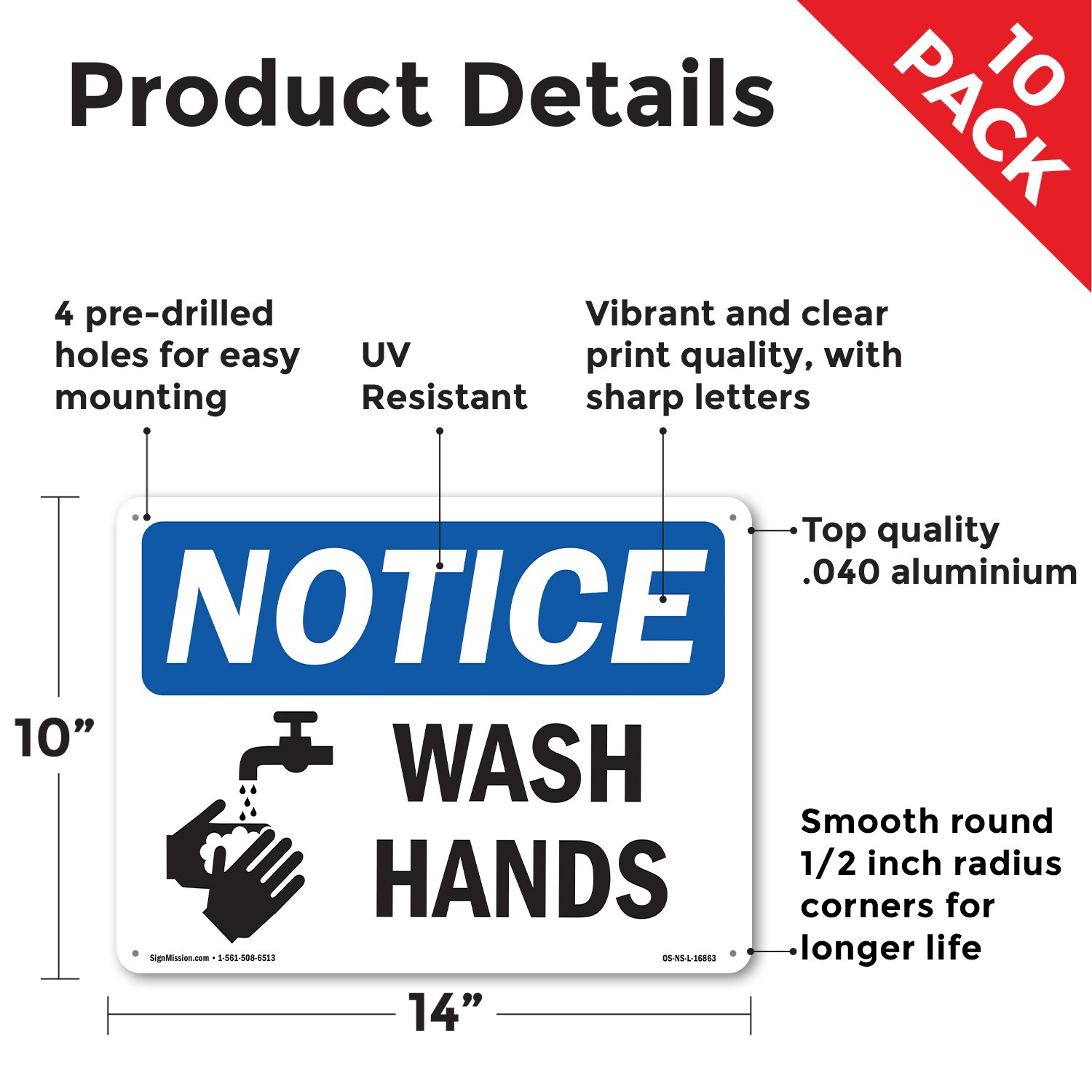 Wash Hands OSHA Notice Sign Metal, Plastic, Or Decal – 5 or 10 Pack