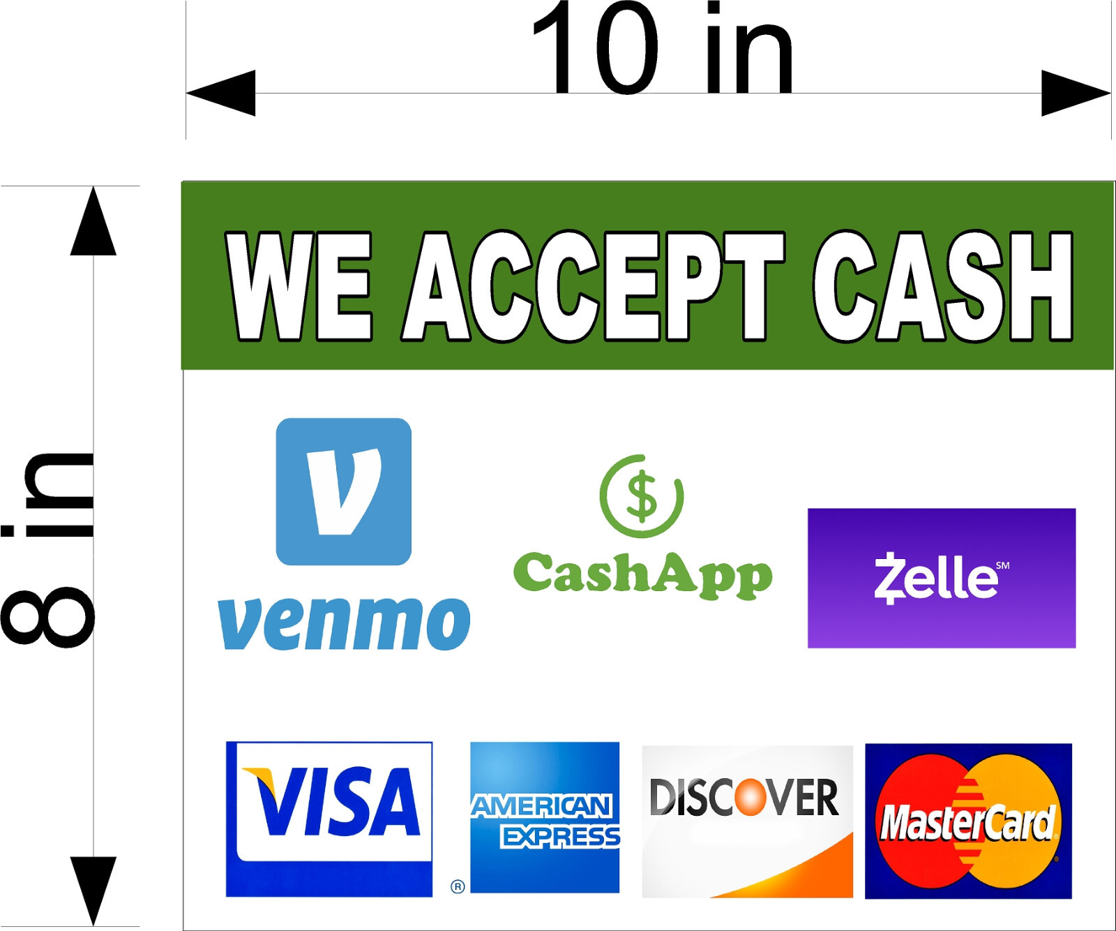 8″ x 10″ vinyl decal WE ACCEPT VENMO CASH APP ZELLE VISA AMEX MC PAYMENTS