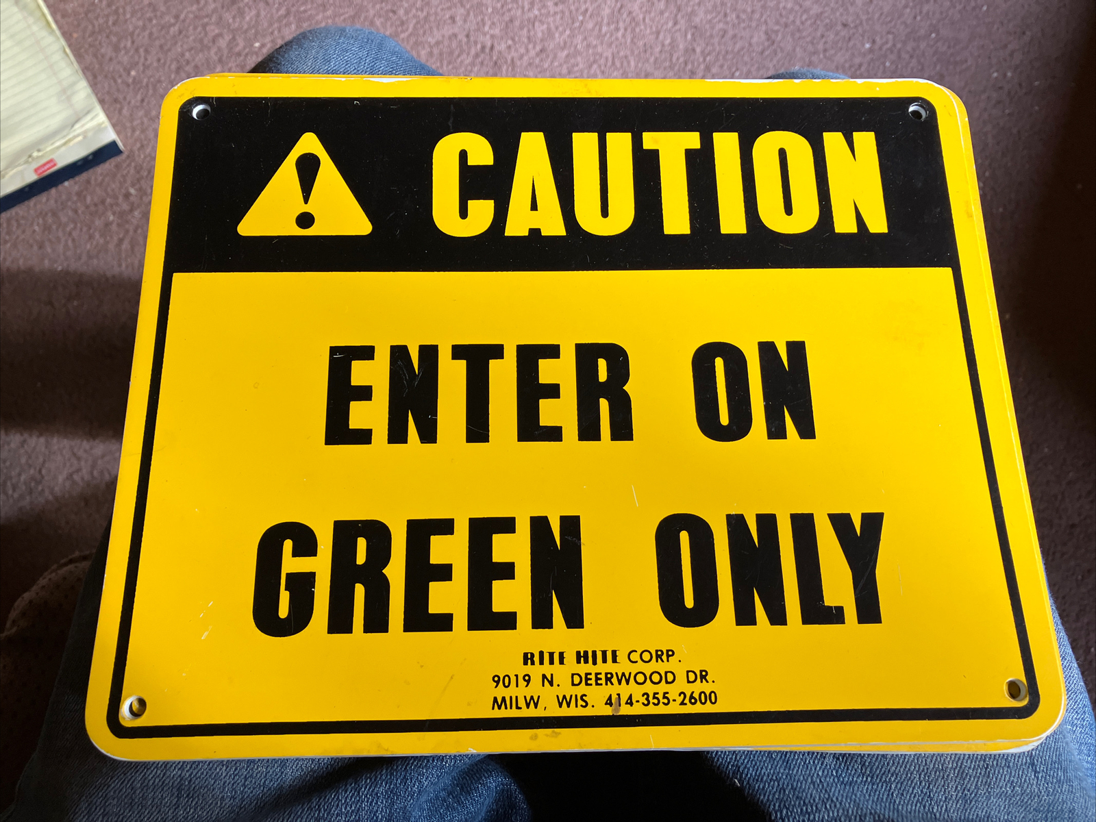 Plastic Sign Caution Enter On Green 10″X8″