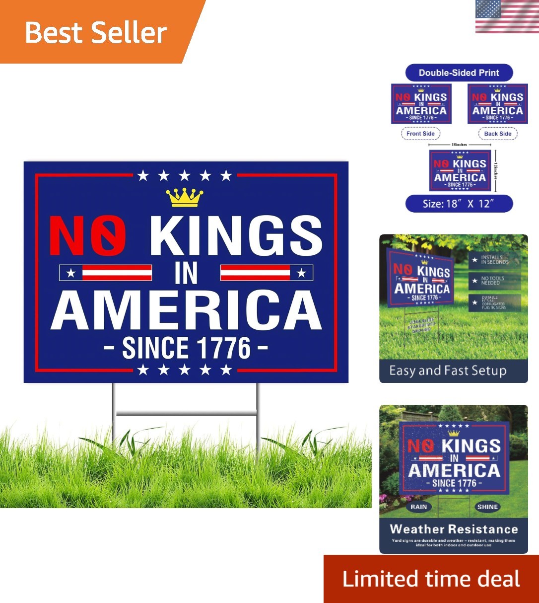 No Kings In America Lawn Sign – Bold Double-Sided Political Statement 18×12