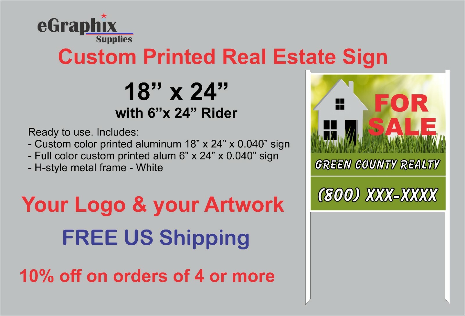 Custom Printed Real Estate Sign, 18″ x 24″ Alum with H-Style WHITE Metal Frame
