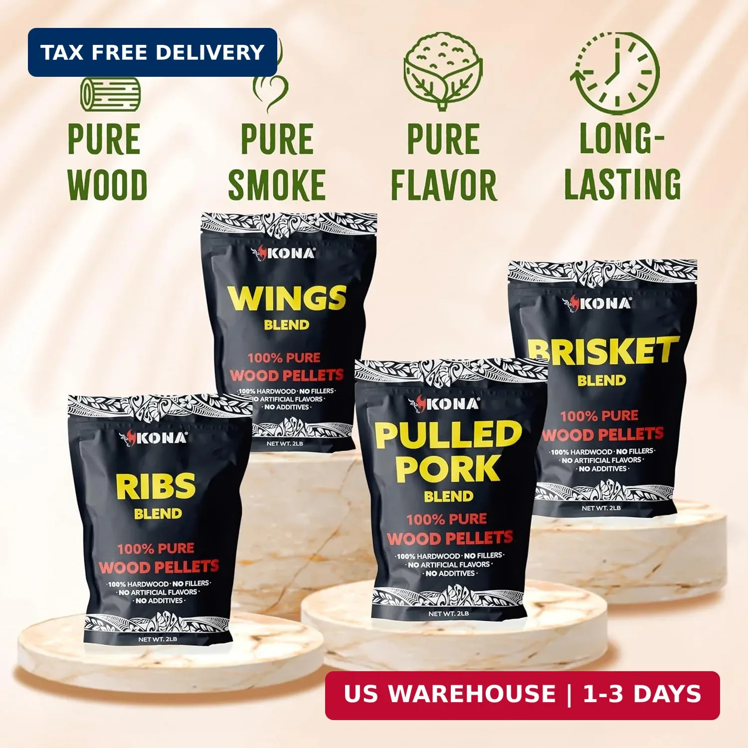 Kona Wood Pellets Brisket, Ribs, Wings,and Pulled Pork Blend Variety Pack, Inten