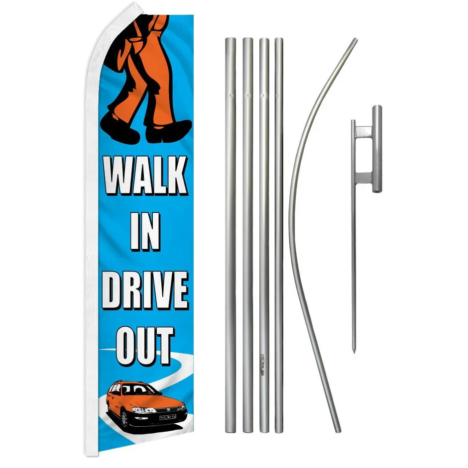 Walk In Drive Out (Blue) Swooper Advertising Flag & Pole Kit