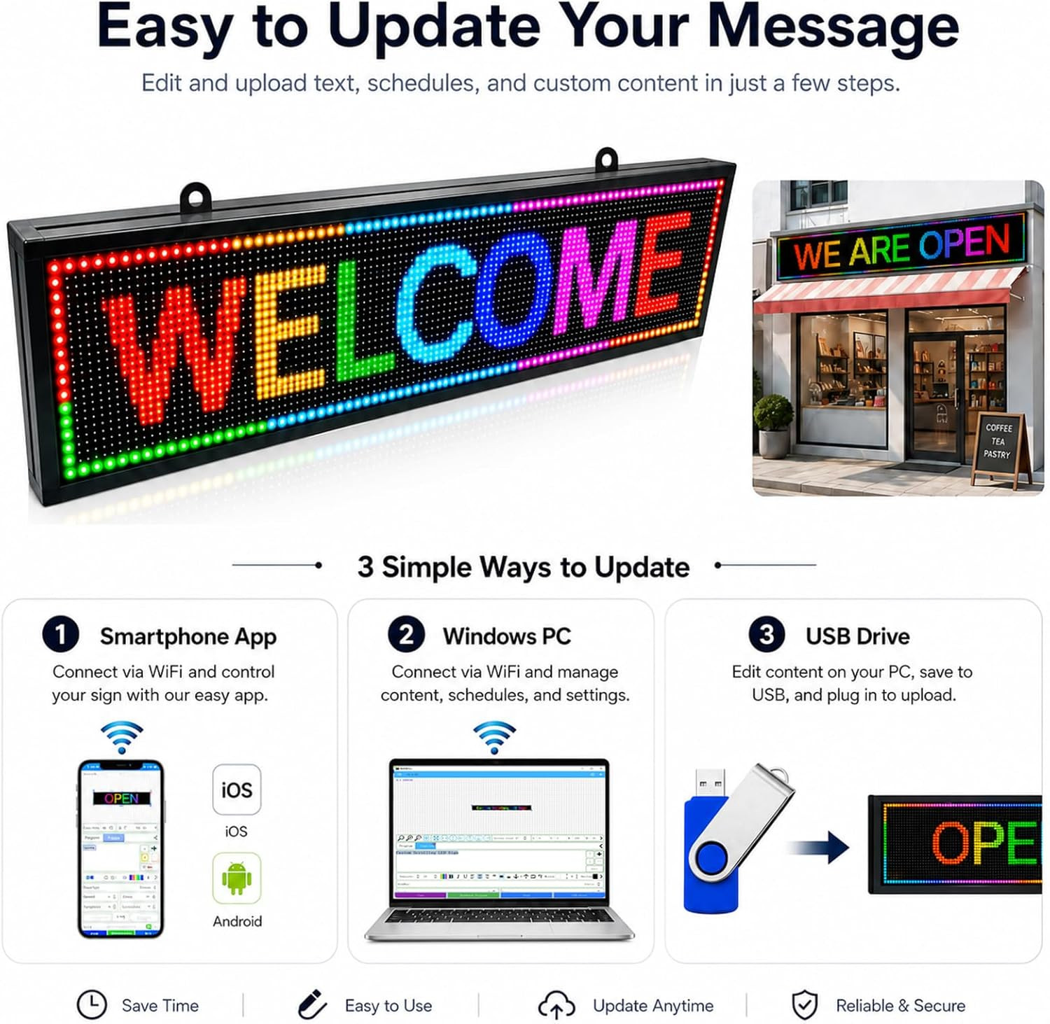 Wifi Programmable LED Sign 40″ X 8″, Outdoor P10 Store Sign | IP65 Waterproof, 4