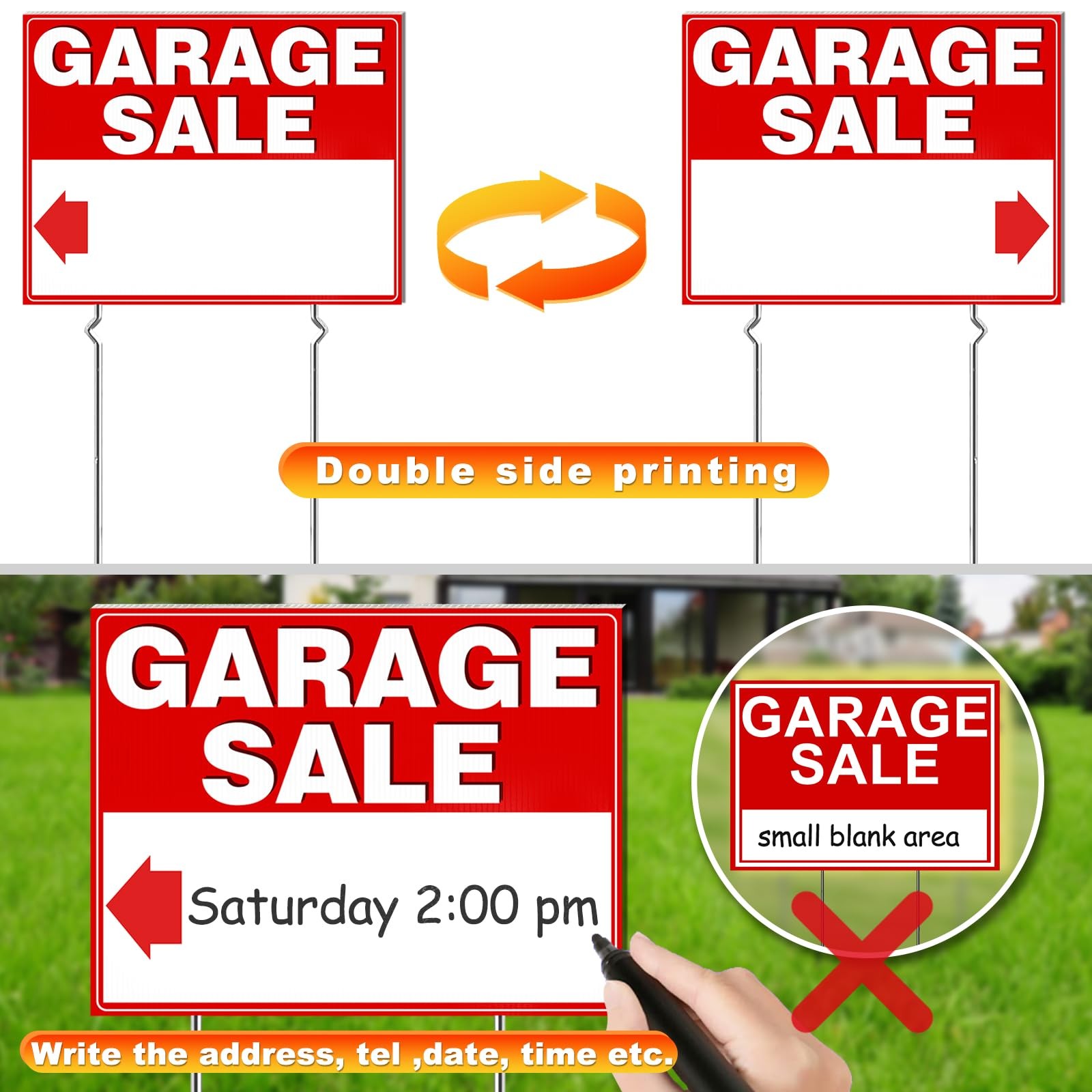 Remiawy Garage Sale Signs 3 Pcs Yard Signs with Metal Stakes 17×13 Inch Double