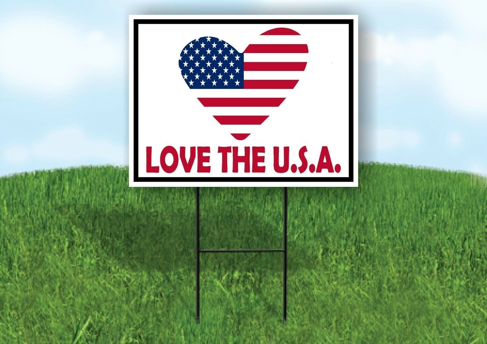 LOVE THE USA FLAG HEART BLACK BORDER Yard Sign with Stand LAWN SIGN