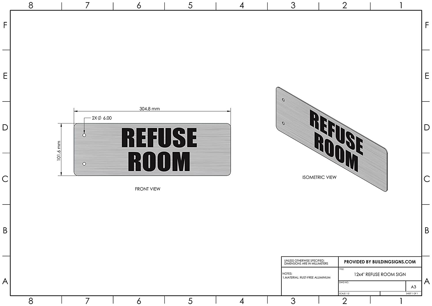 Refuse Room Sign -Two-Sided/Double Sided Projecting, Corridor