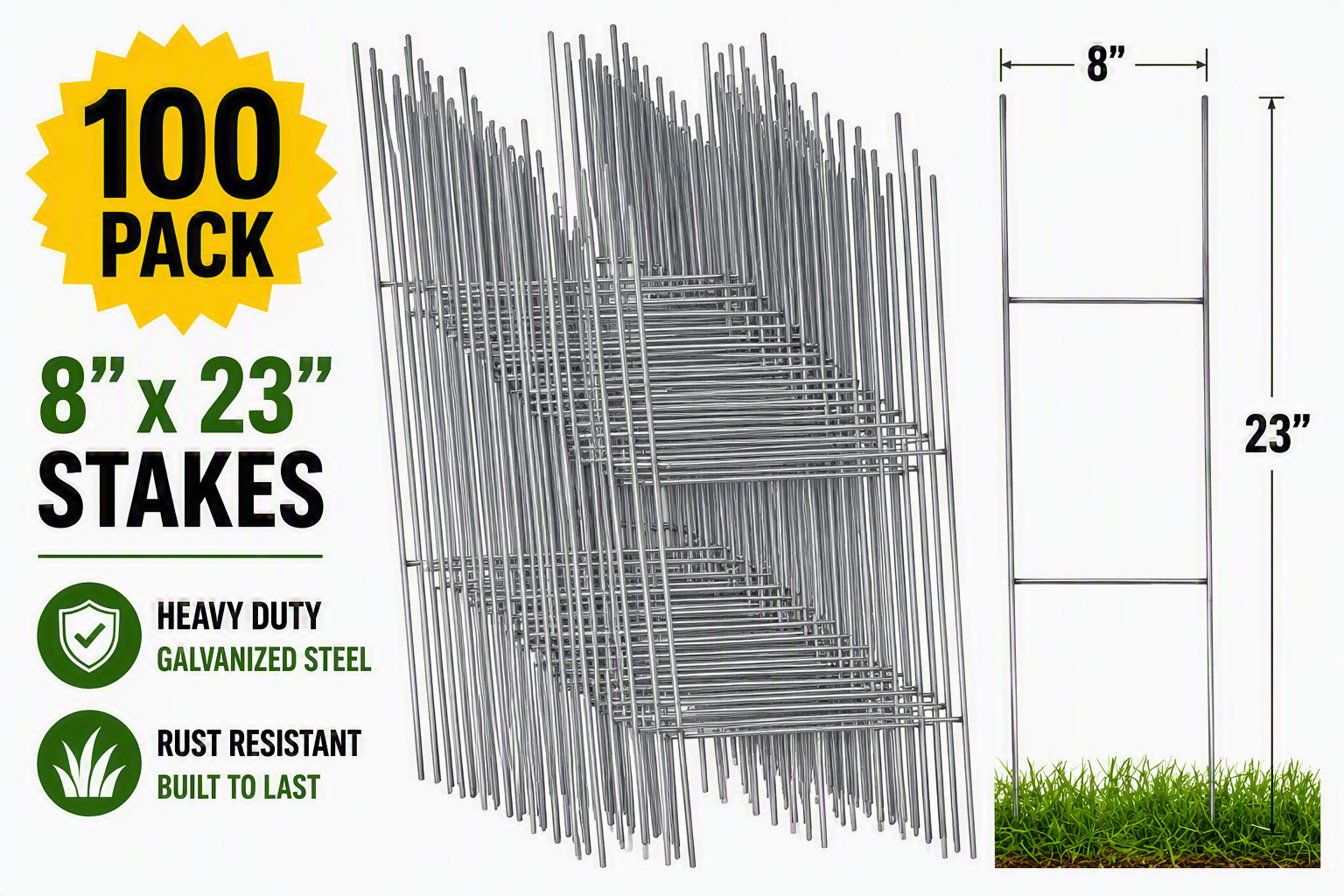 100 Pack Yard Sign Wire Stakes 8×23 H Frame Sign Holders Galvanized Steel
