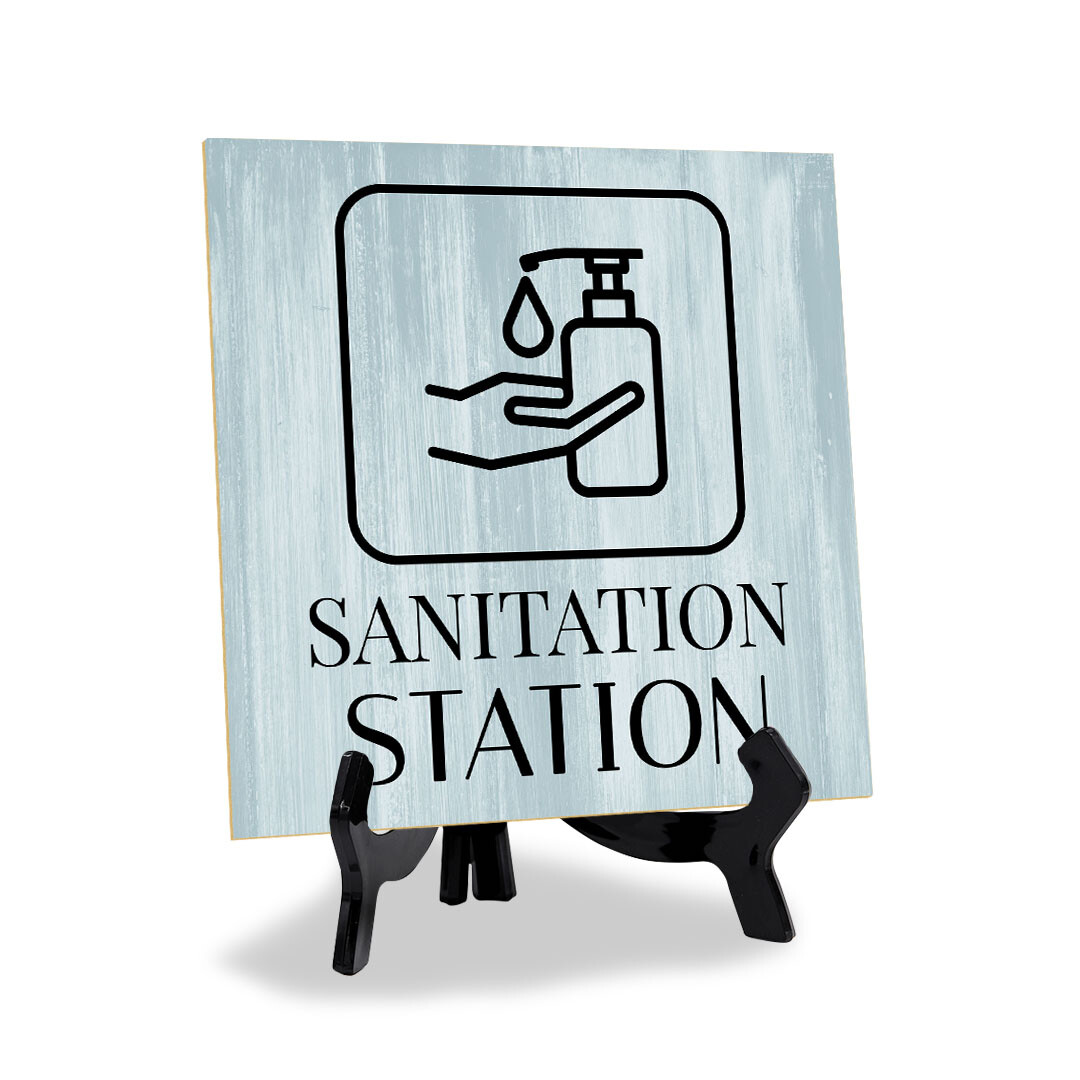 Sanitation Station 5″x 5″ Square Table Sign With Acrylic Easel | Restrooms Décor