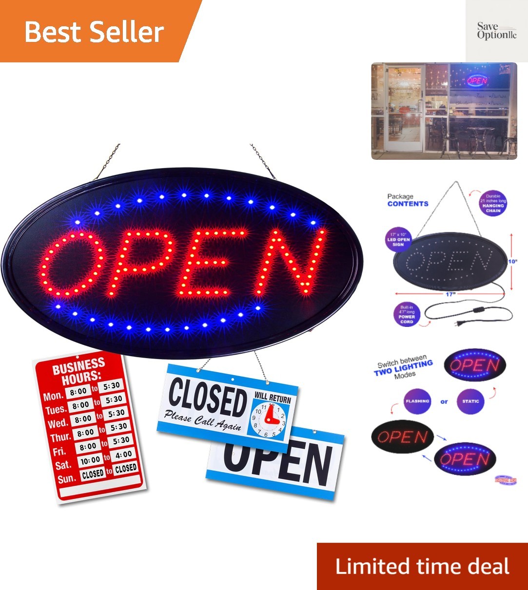 Neon Open Sign for Business: Oval LED Sign with Flashing Mode for Stores – In…