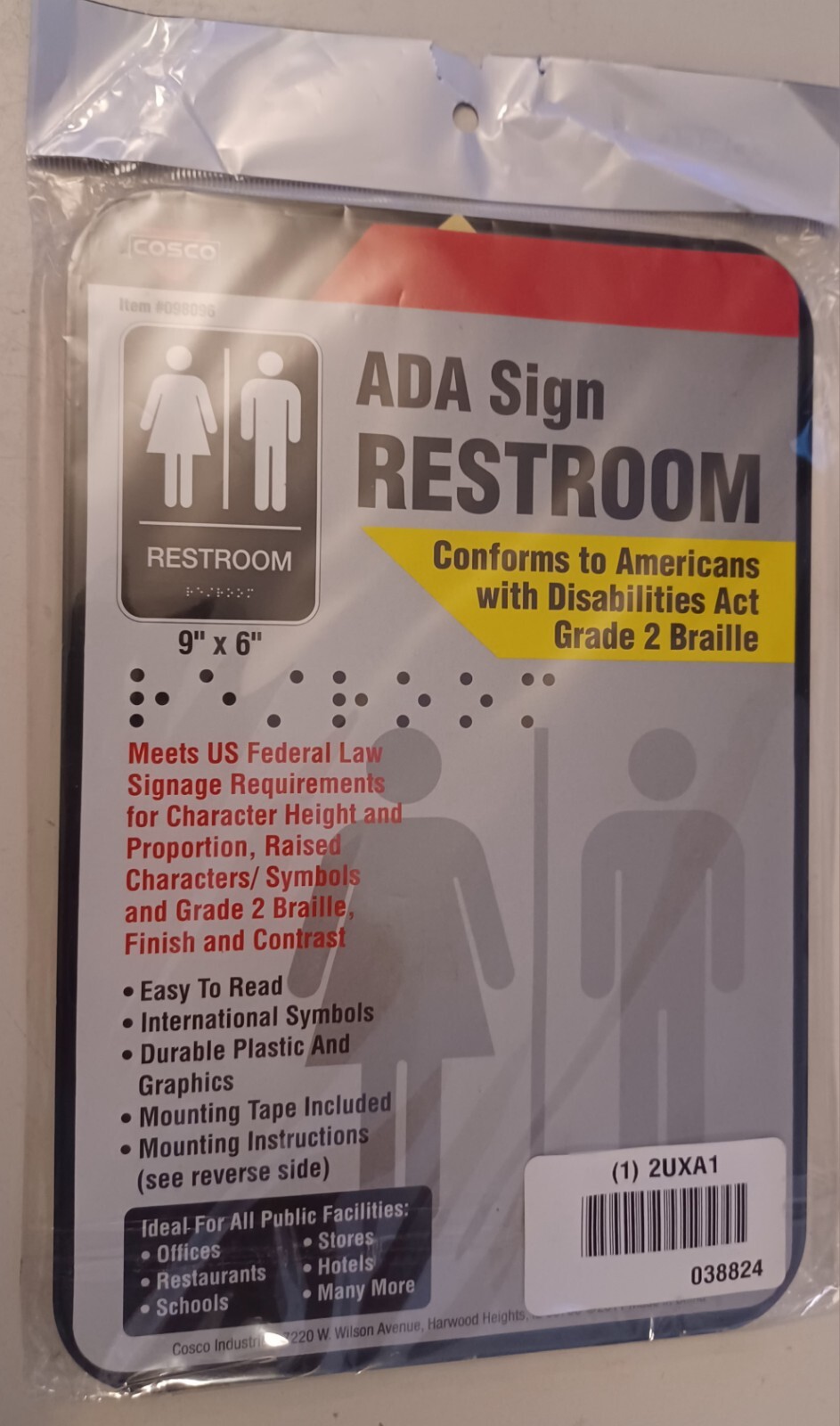 Cosco ADA RESTROOM Self Adhesive Sign with Braille 9″ X 6″