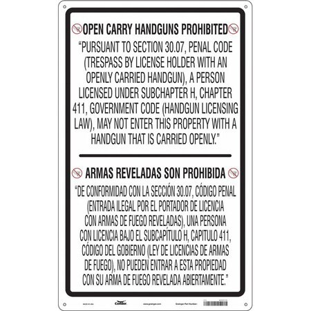 CONDOR 453T73 No Concealed Weapons Sign, 48 in Height, 30 in Width,