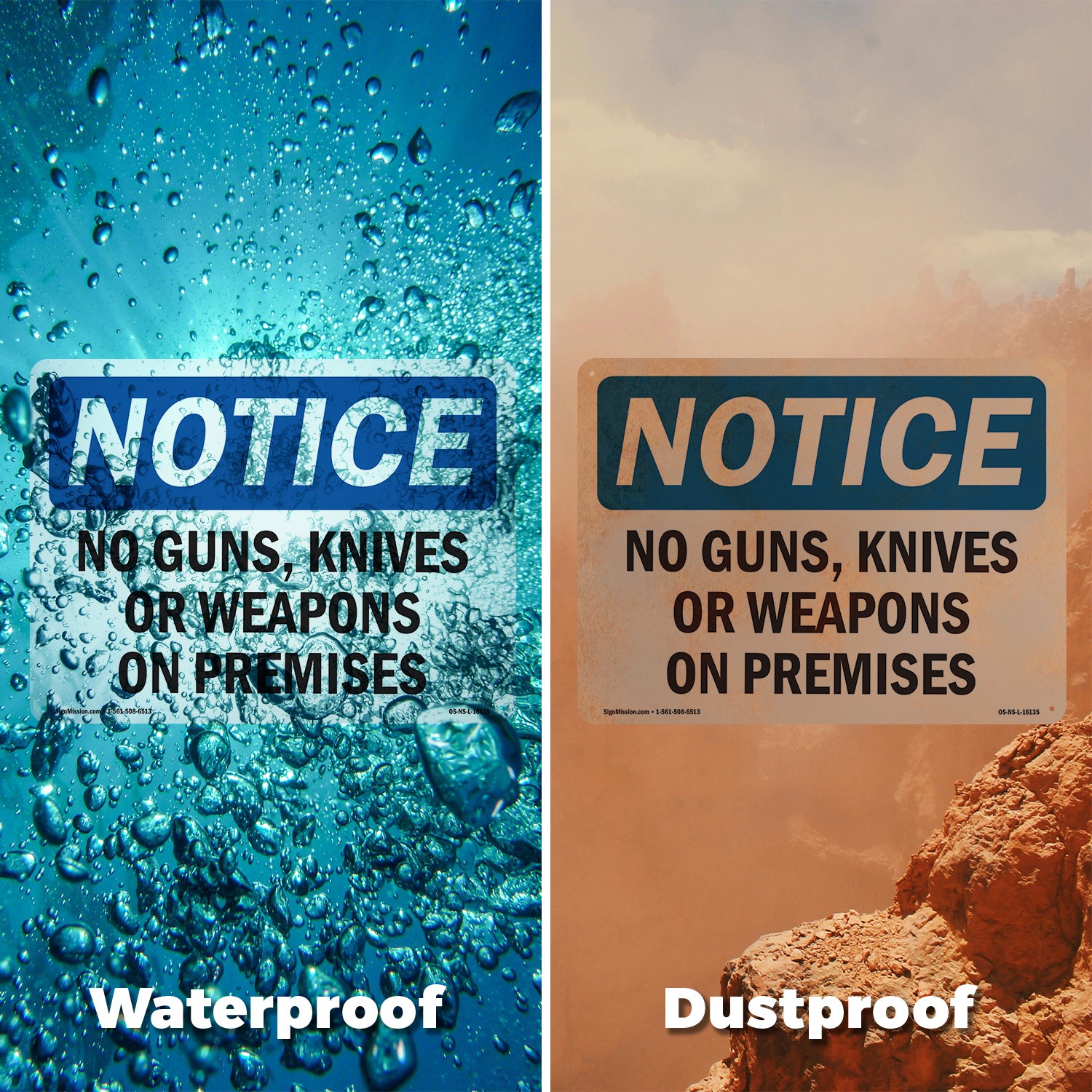No Guns Knives Or Weapons On Premises OSHA Notice Sign Or Decal – 5 or 10 Pack