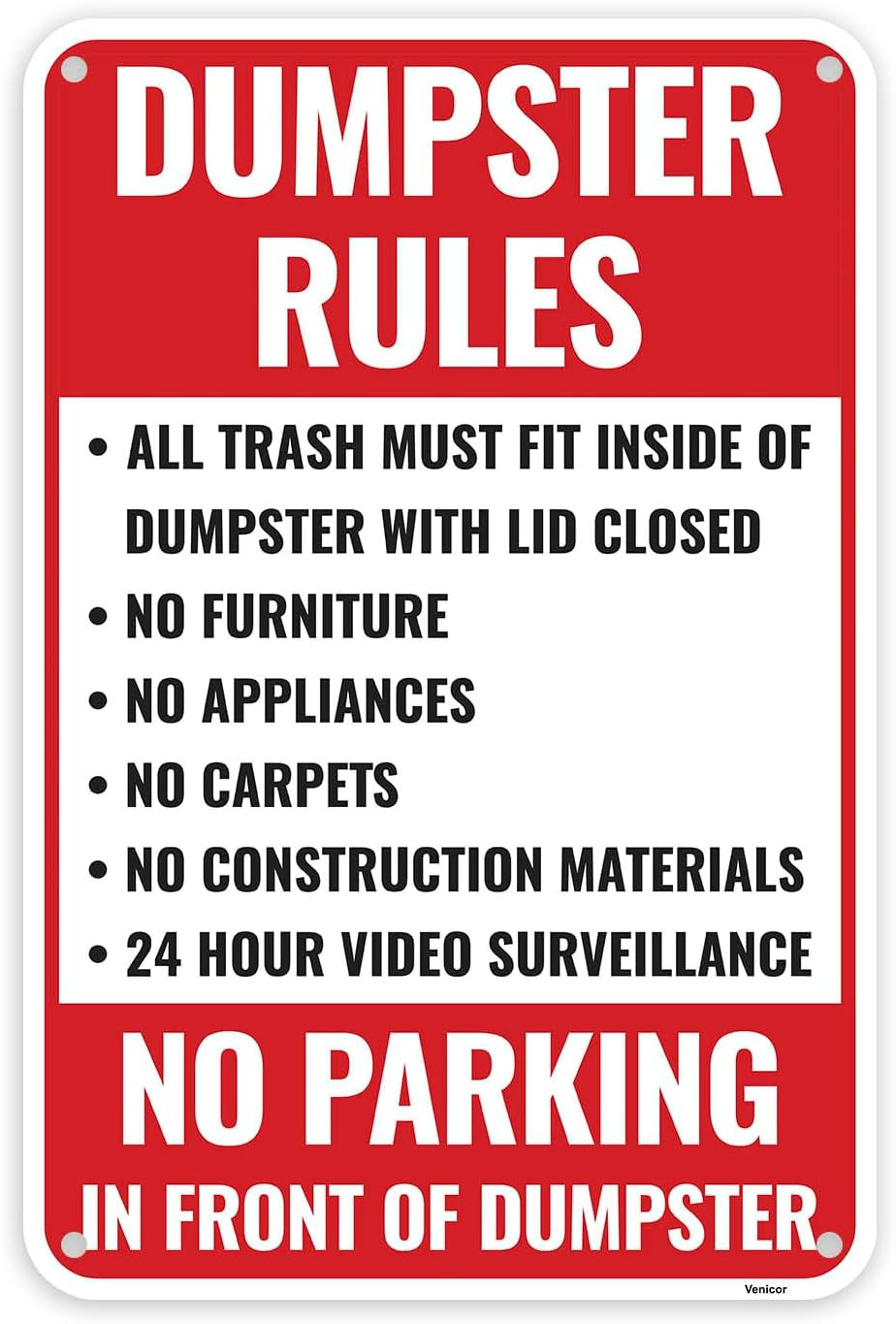 1PC Dumpster Rules Sign, 18 X 12 Inches – Aluminum – Private Dumpster No Trash S
