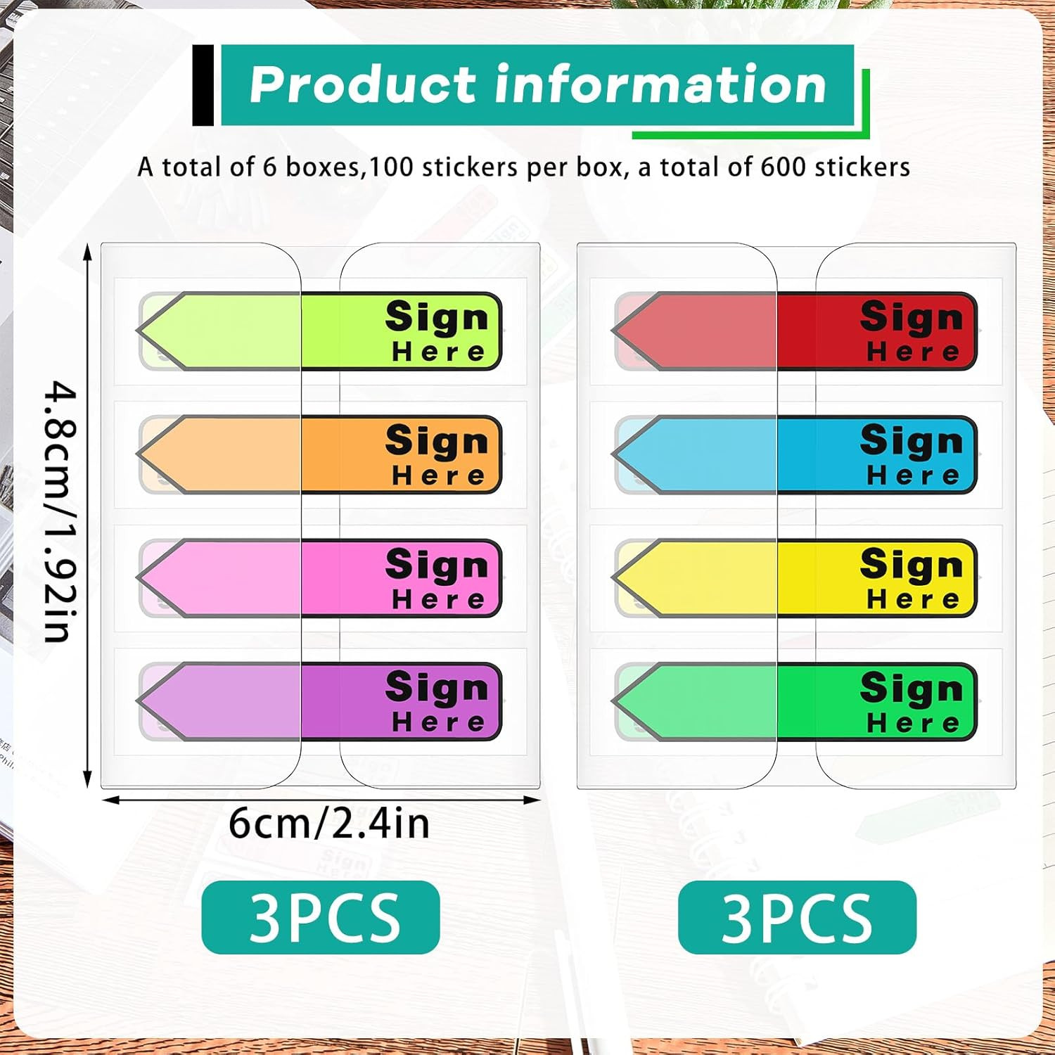 600 Sign Here Tabs Sticky Arrow Flags 8 Color Self-Stick Notes with Dispenser