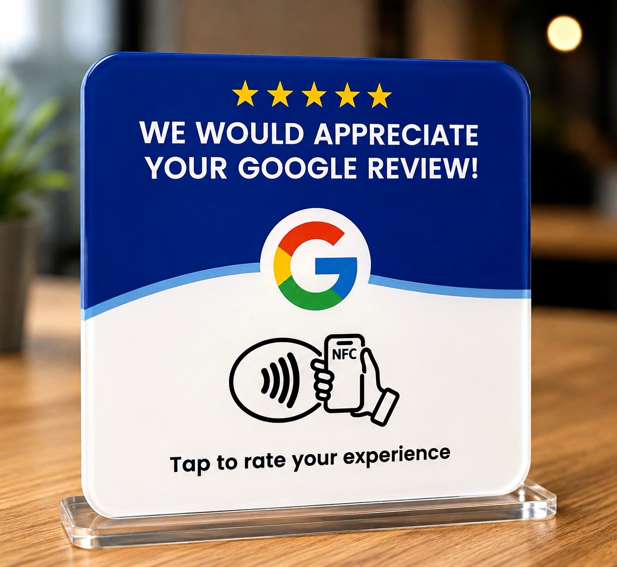NFC Portable Information Sign Acrylic Tabletop Google Review Tap Sign Blue