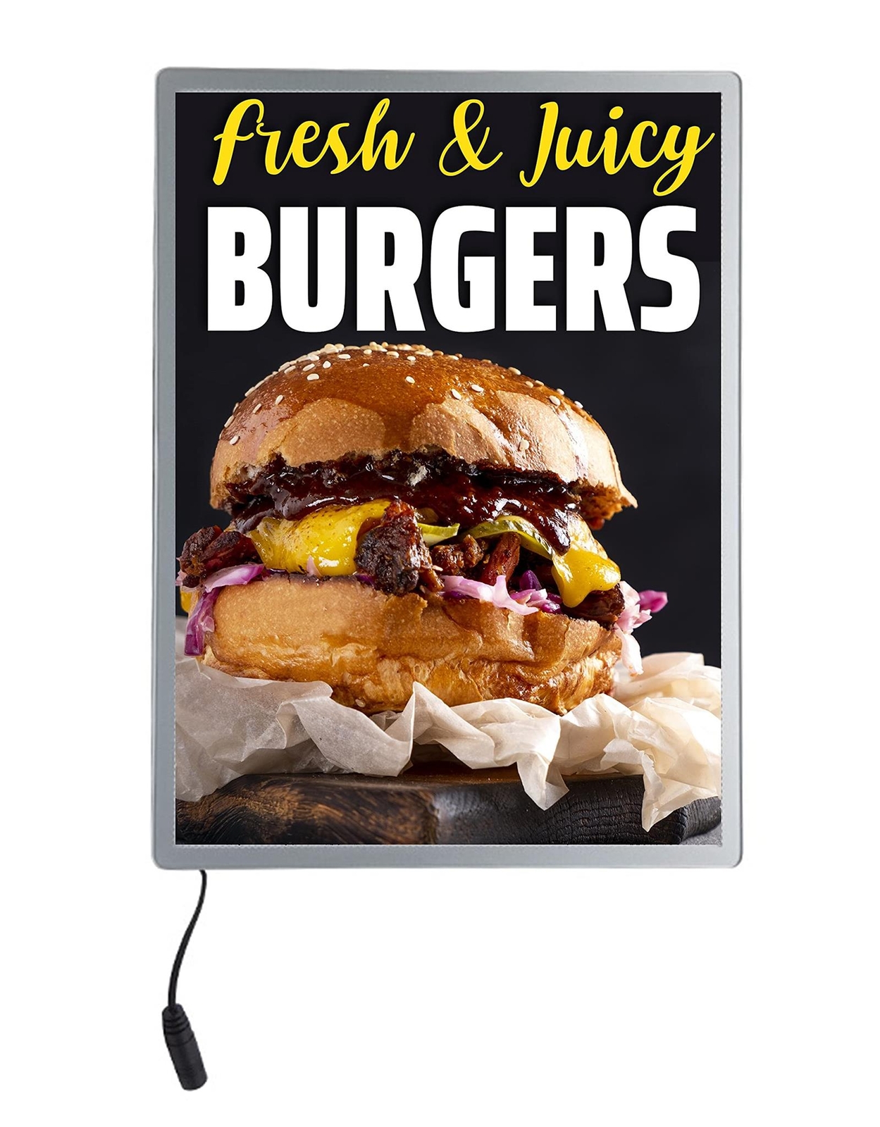 LED Illuminated Light Box frame 18″x24″ with Fresh & Juicy Burgers Backlit