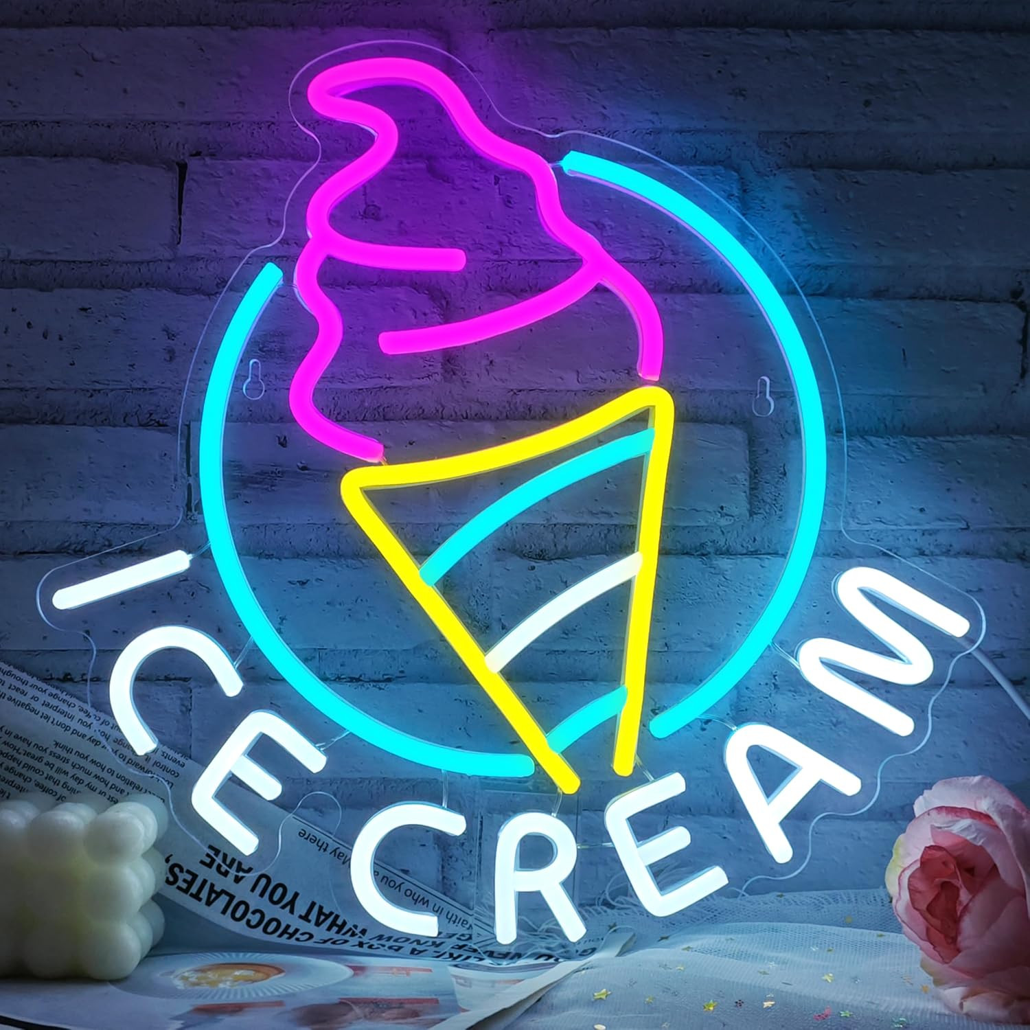 Ice Cream Neon Sign for Wall Decor Dimmable Led Neon Sign for Ice Cream Shop Bir